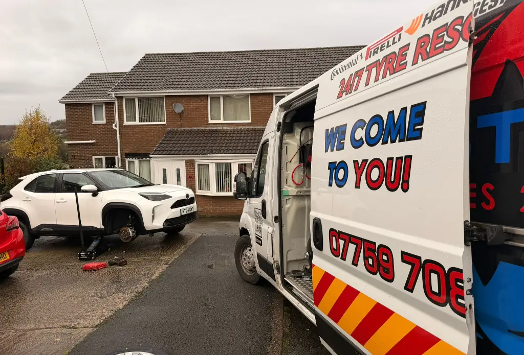 One Stop Mobile Tyres 24/7 branded van at a residential home tyre fitting in Manchester