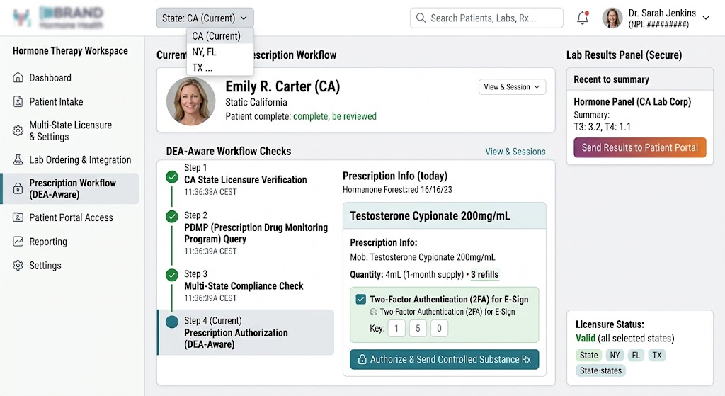 Multi-state hormone therapy DEA-aware prescription workflow showing CA/NY/FL/TX licensure panel