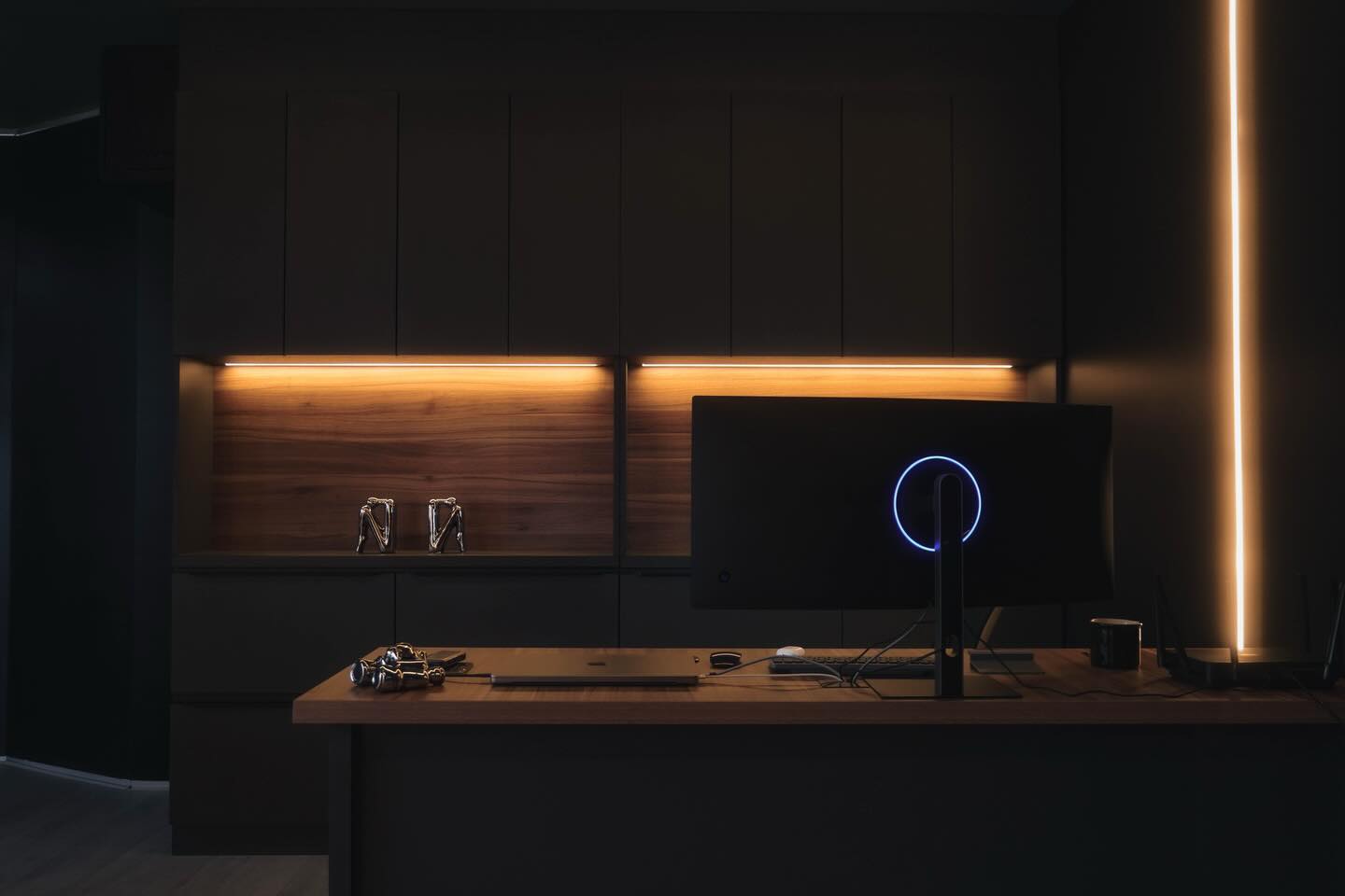 Moody office setup with ambient lighting
