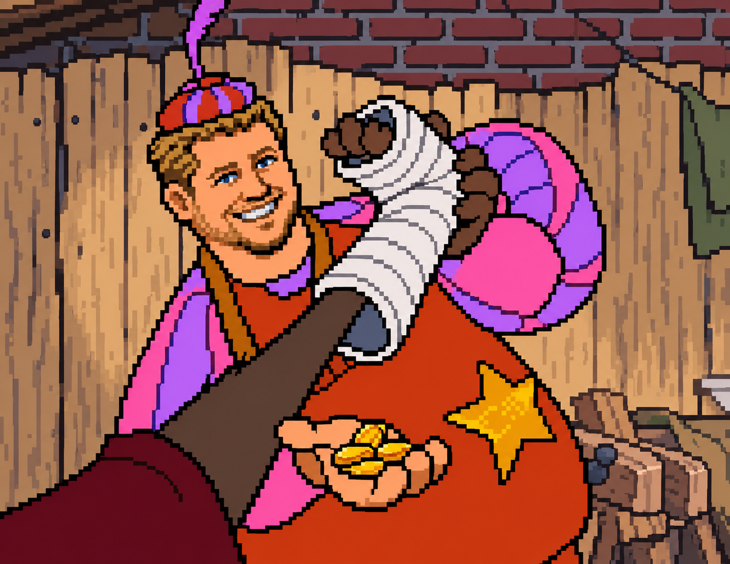 8-bit pixel art of a grinning man in a feathered red-and-purple cap handing gold coins to a sheriff wearing a gold star, in front of a wooden fence and brick wall.