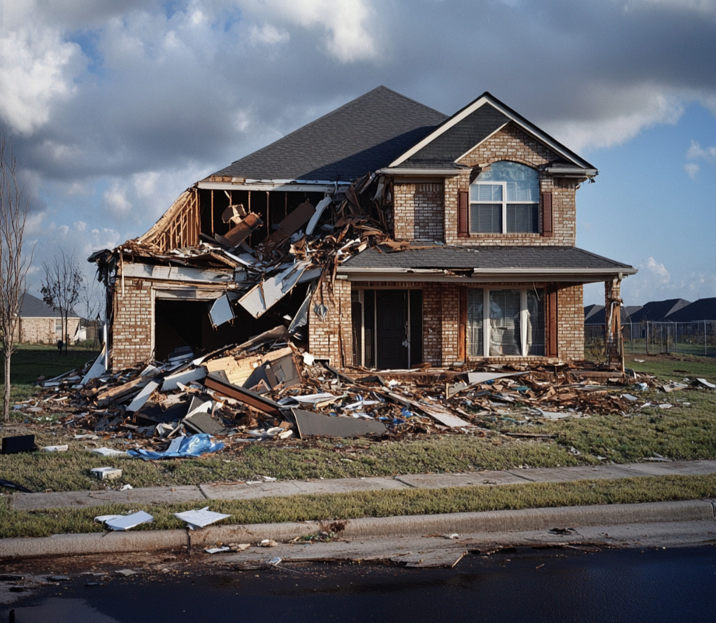 Home with severe hurricane damage showing structural collapse