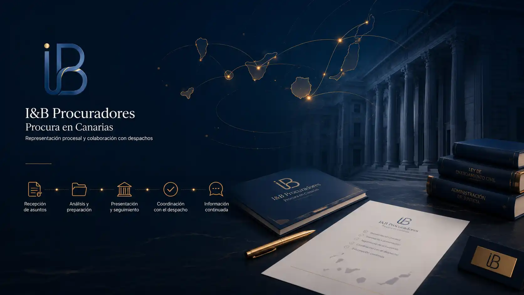 Representación procesal en Canarias con documentos jurídicos, mapa territorial y coordinación entre abogados y empresas.
