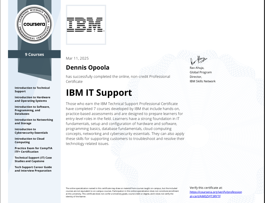 IBM IT Support Professional Certificate certificate