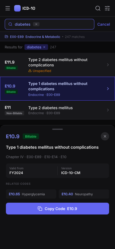 ICD-10 Browser Mobile view with bottom sheet code details