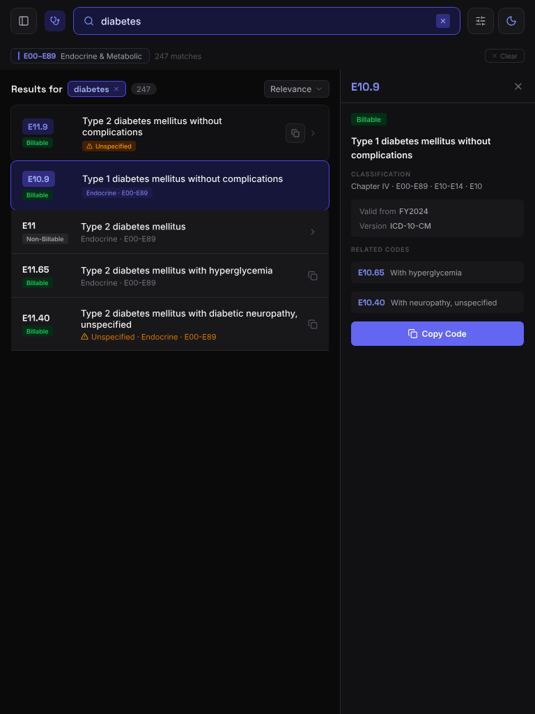 ICD-10 Browser Tablet view with search and code details panel