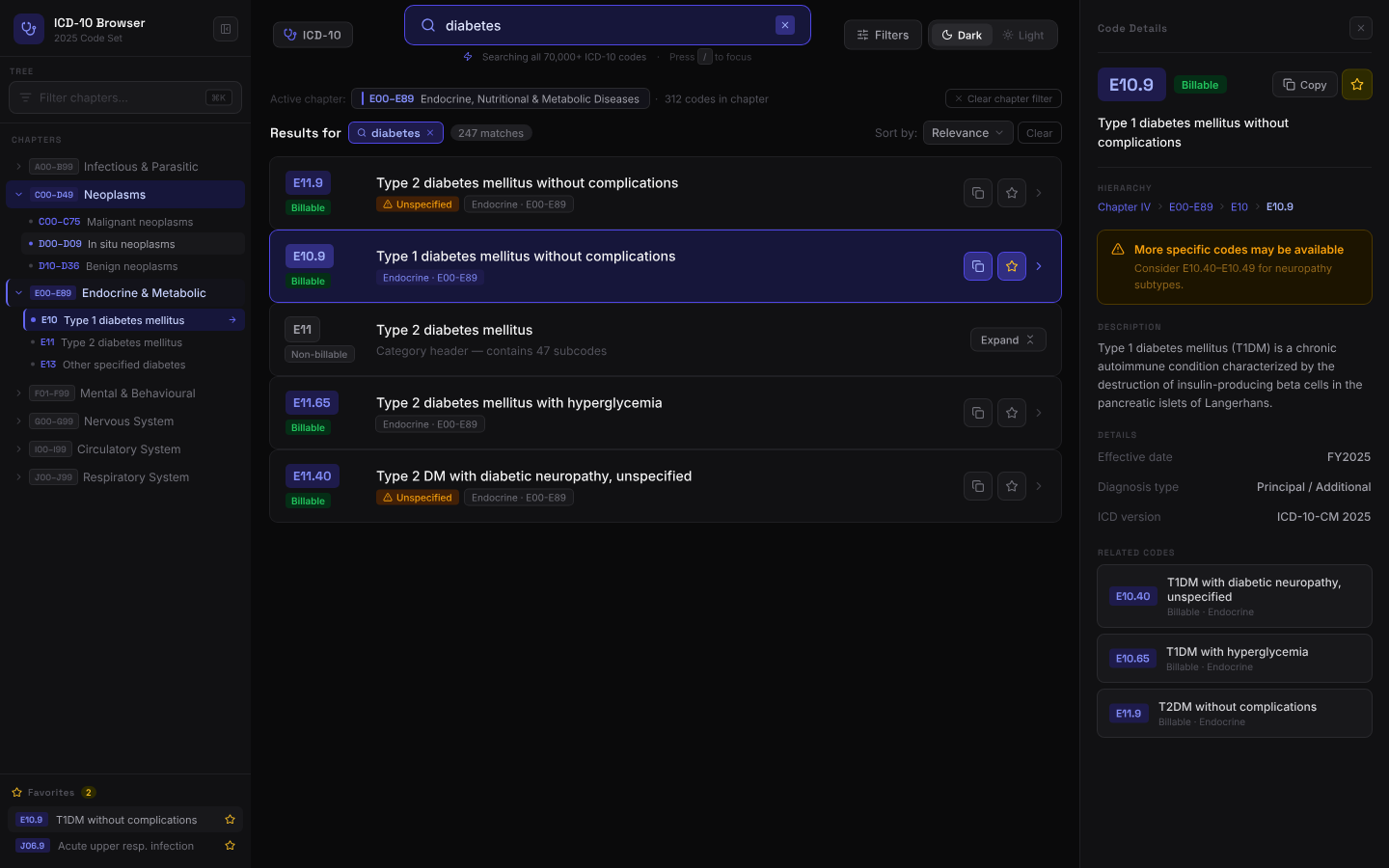 ICD-10 Browser in Dark Mode