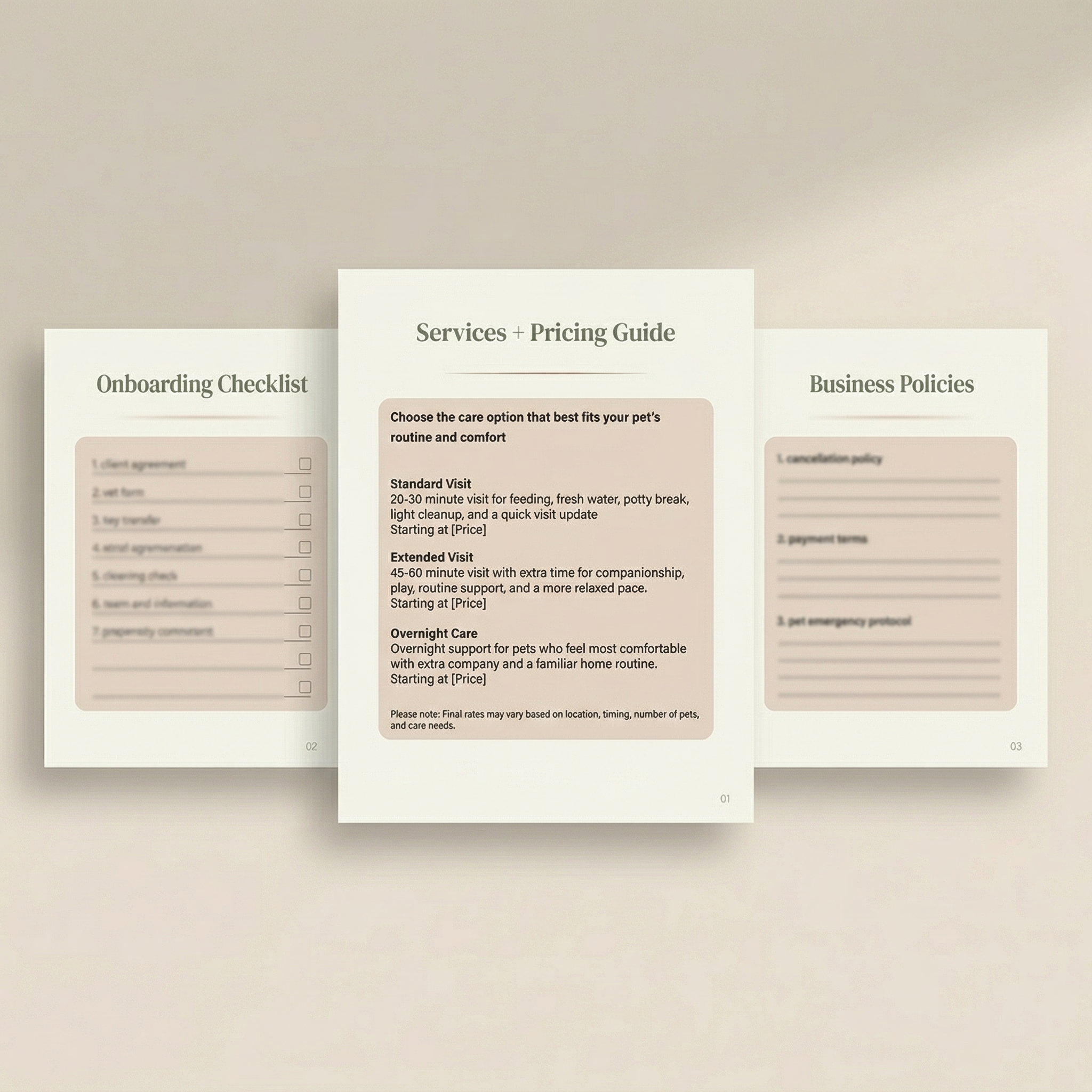 Services + Pricing Guide, Onboarding Checklist, Business Policies