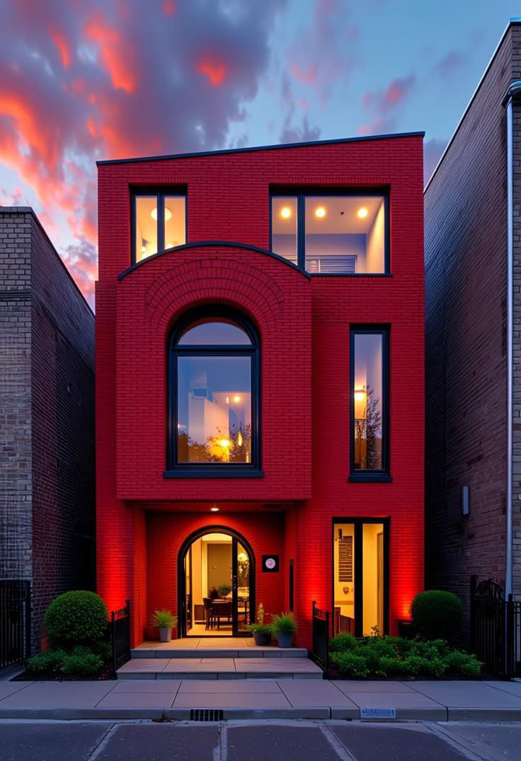 Red brick modern house with arched doorways