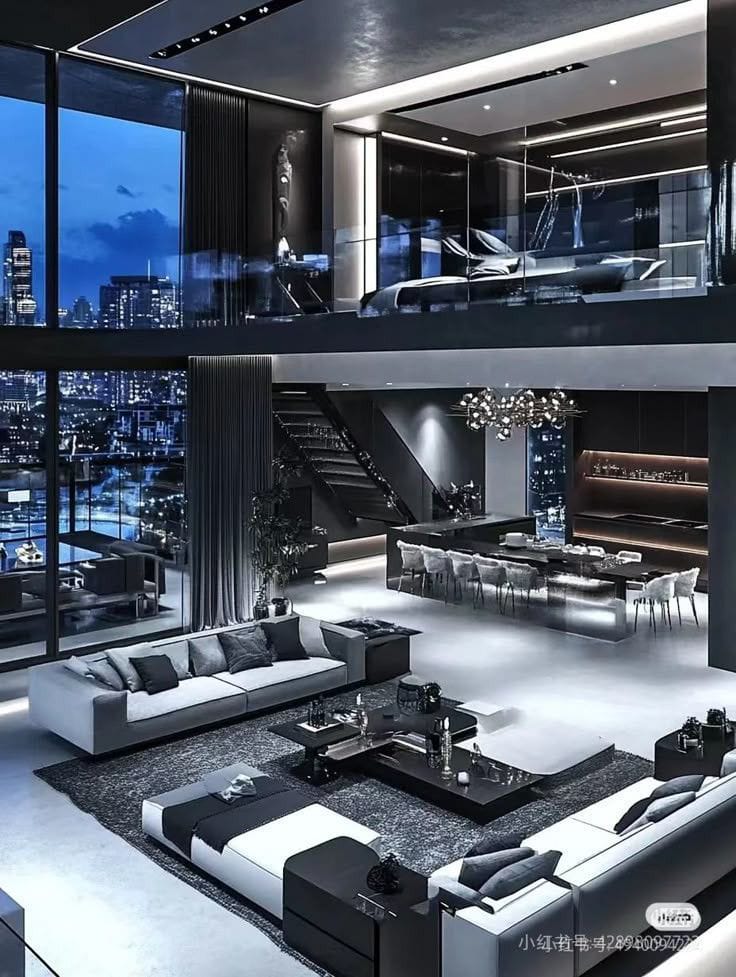 Luxury modern living room with high ceilings and city views