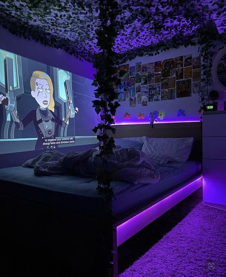 Purple LED bedroom with plants and projector