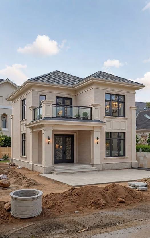 Classic beige two-story house with black windows