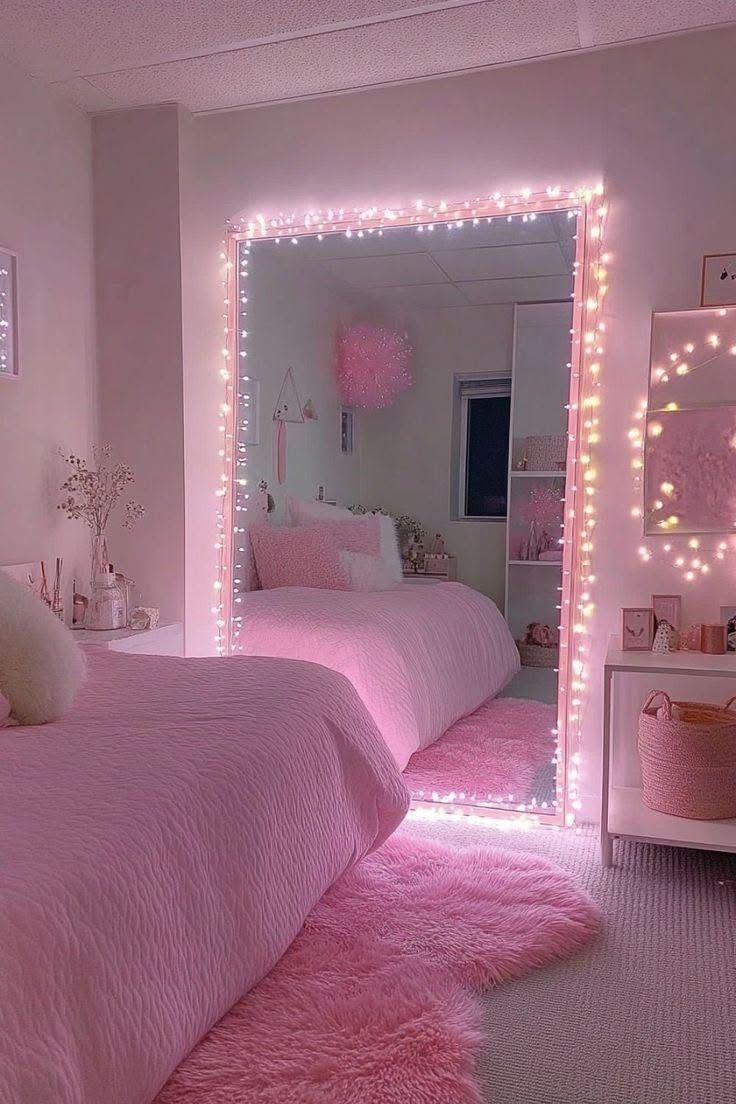 Pink bedroom with fairy lights around mirror