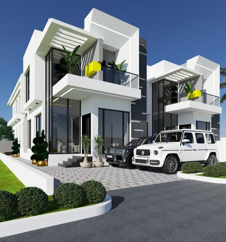 Modern white and black luxury house with balconies and luxury cars