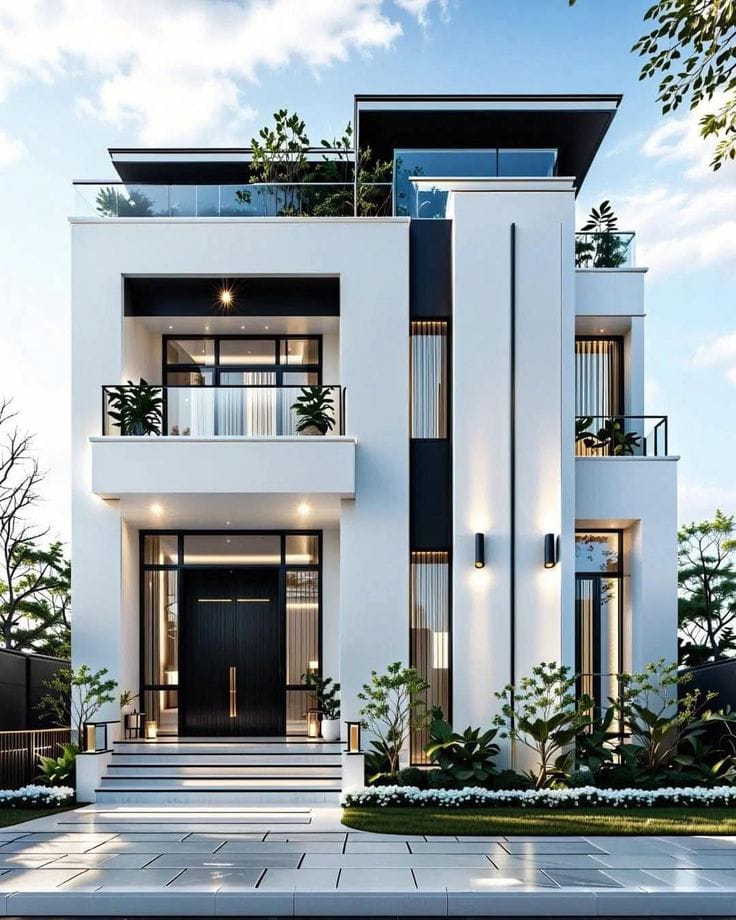 Modern white house with black accents, balconies and plants