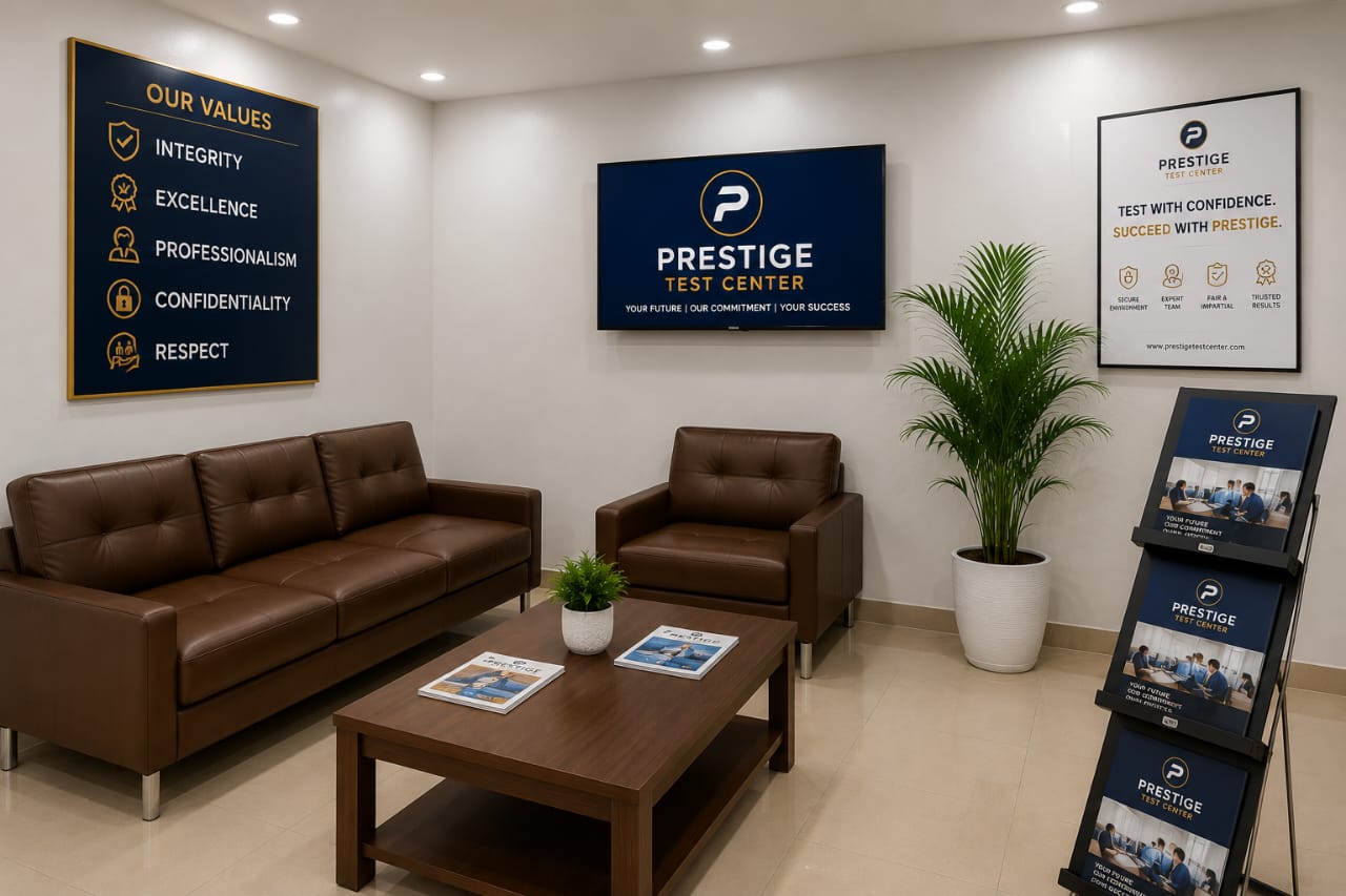 Waiting area with comfortable seating and core values displayed