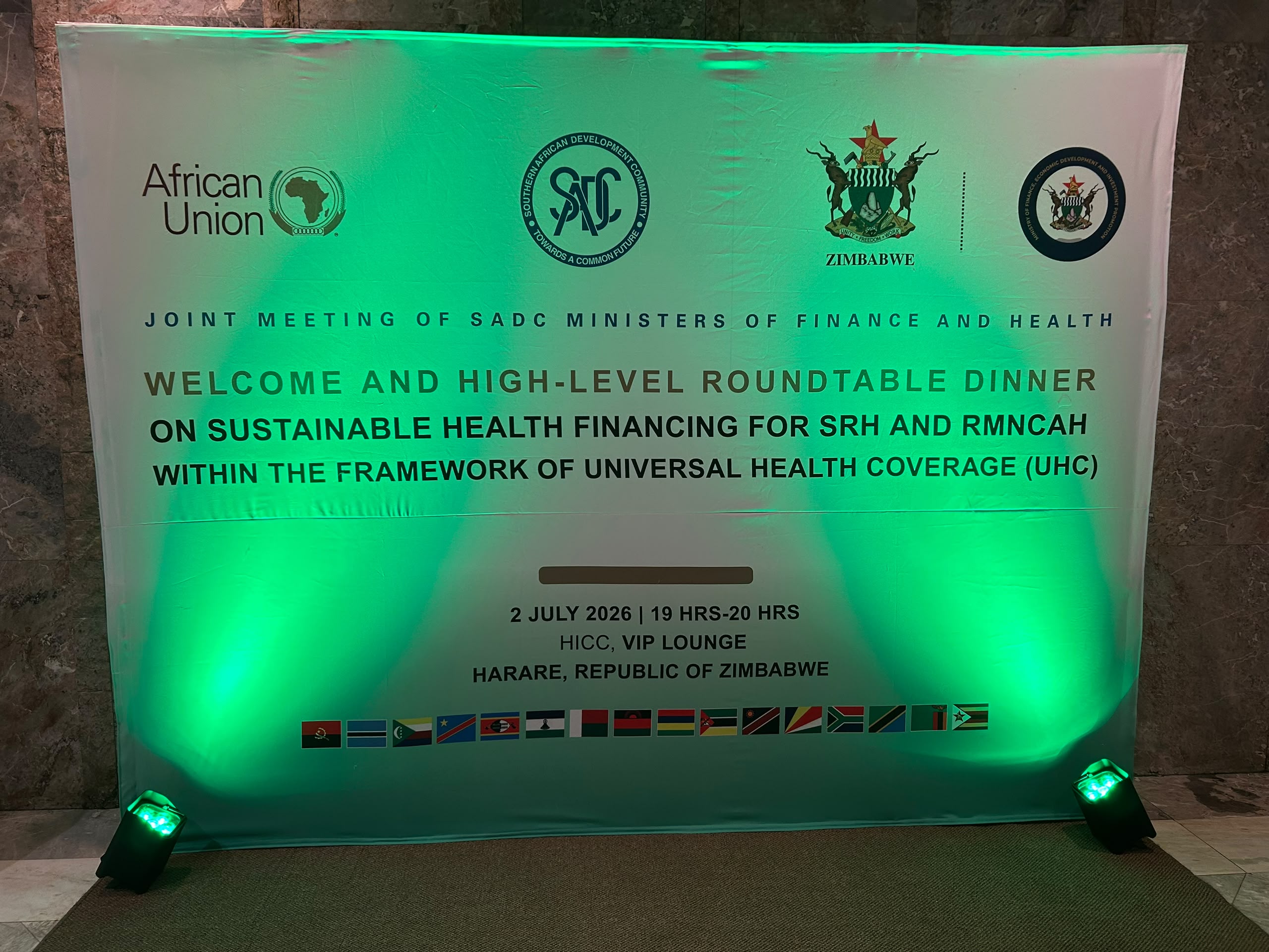 SADC Ministers conference with large LED display and green ambient backlighting