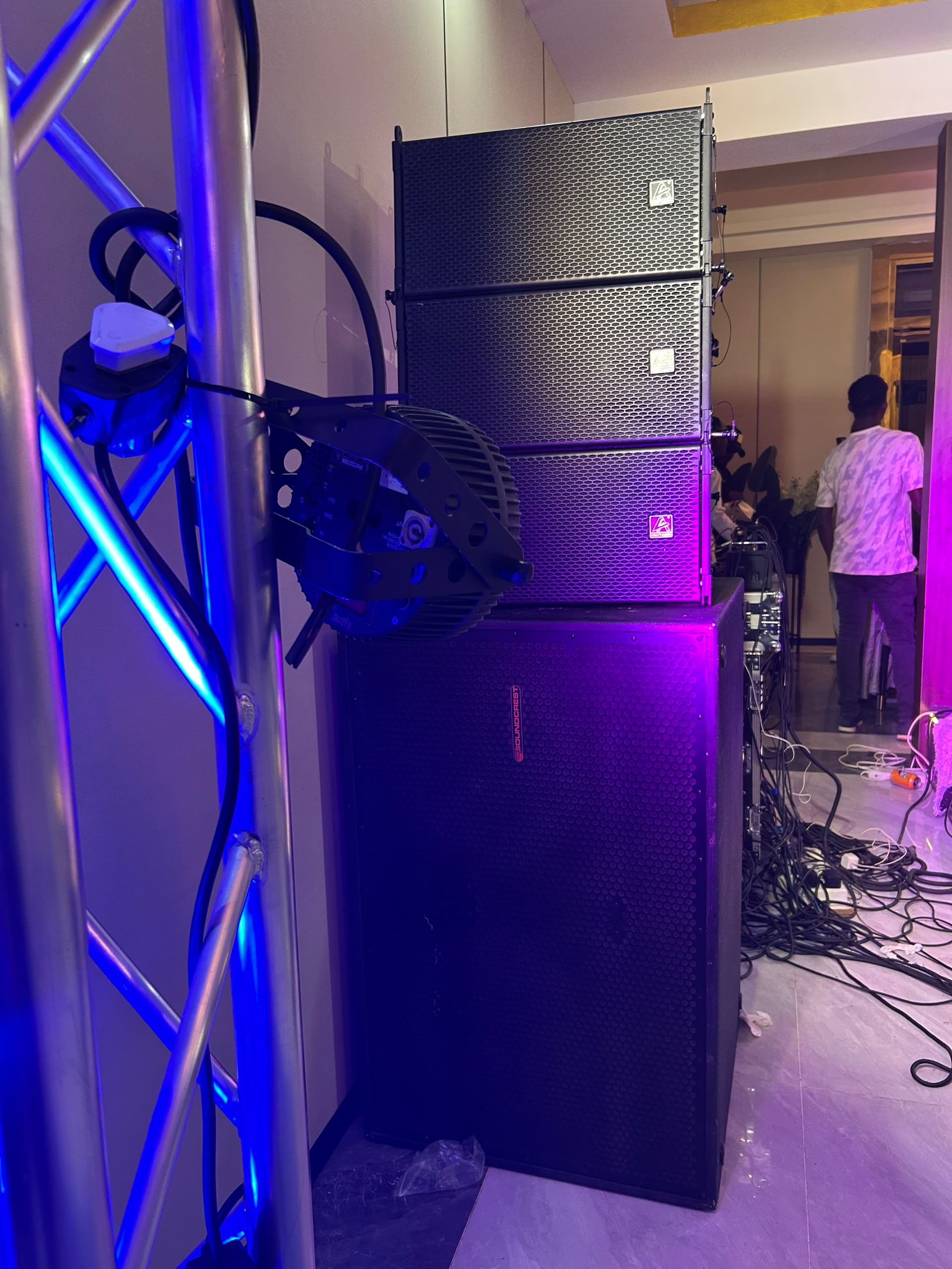 Professional PA speaker system with blue LED neon truss structure