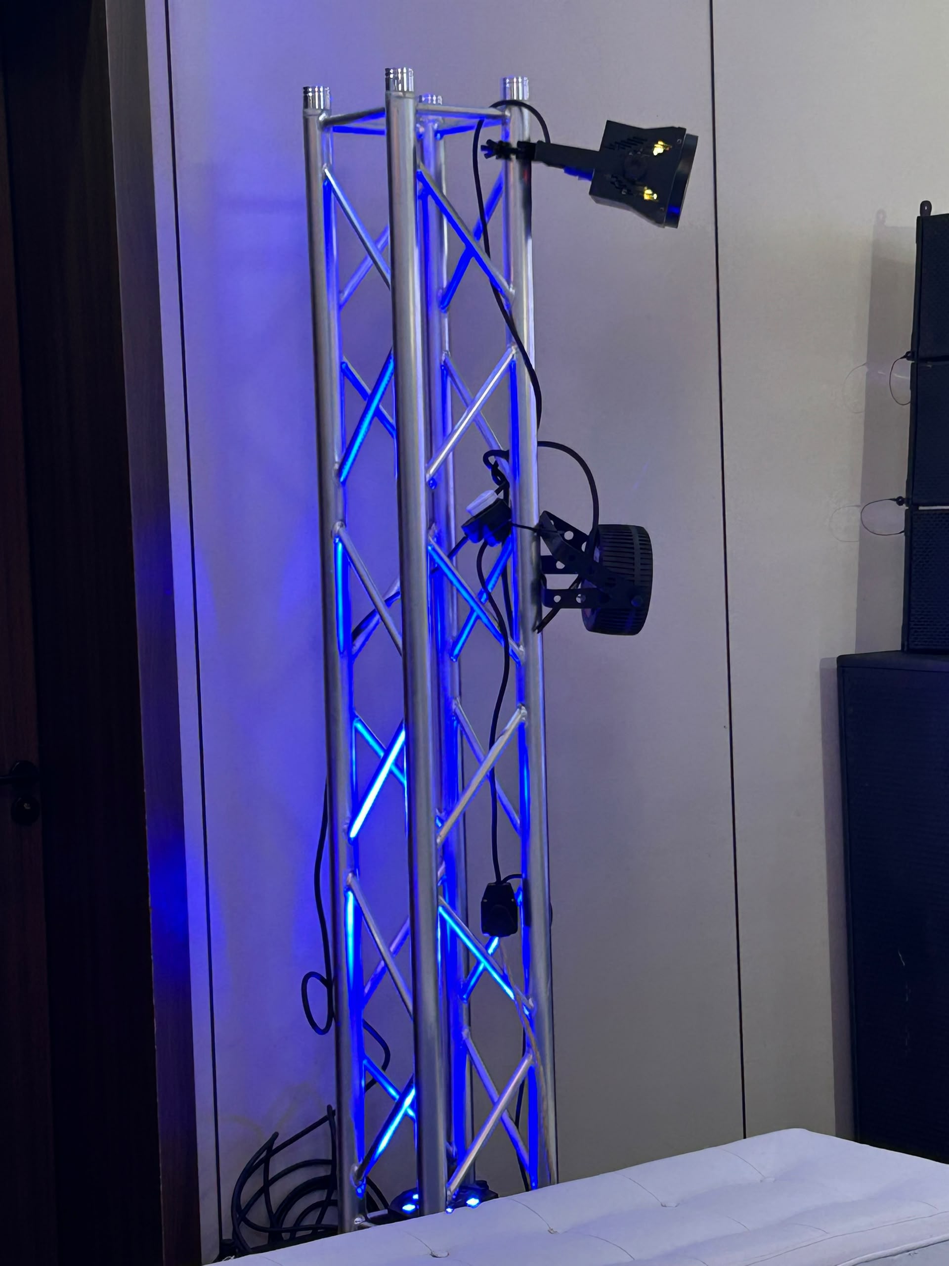 Professional metal truss structure with blue LED neon lighting and professional fixtures
