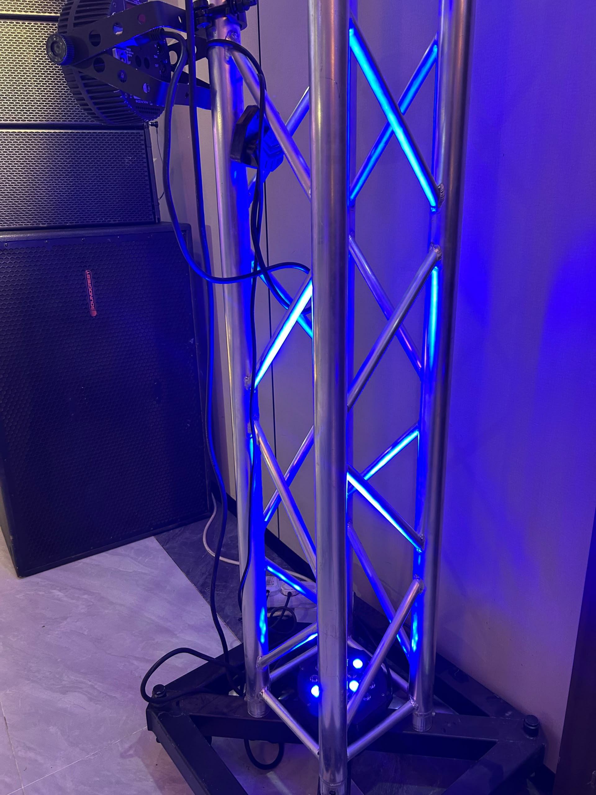 Professional blue neon LED truss lighting structure with X-pattern frame