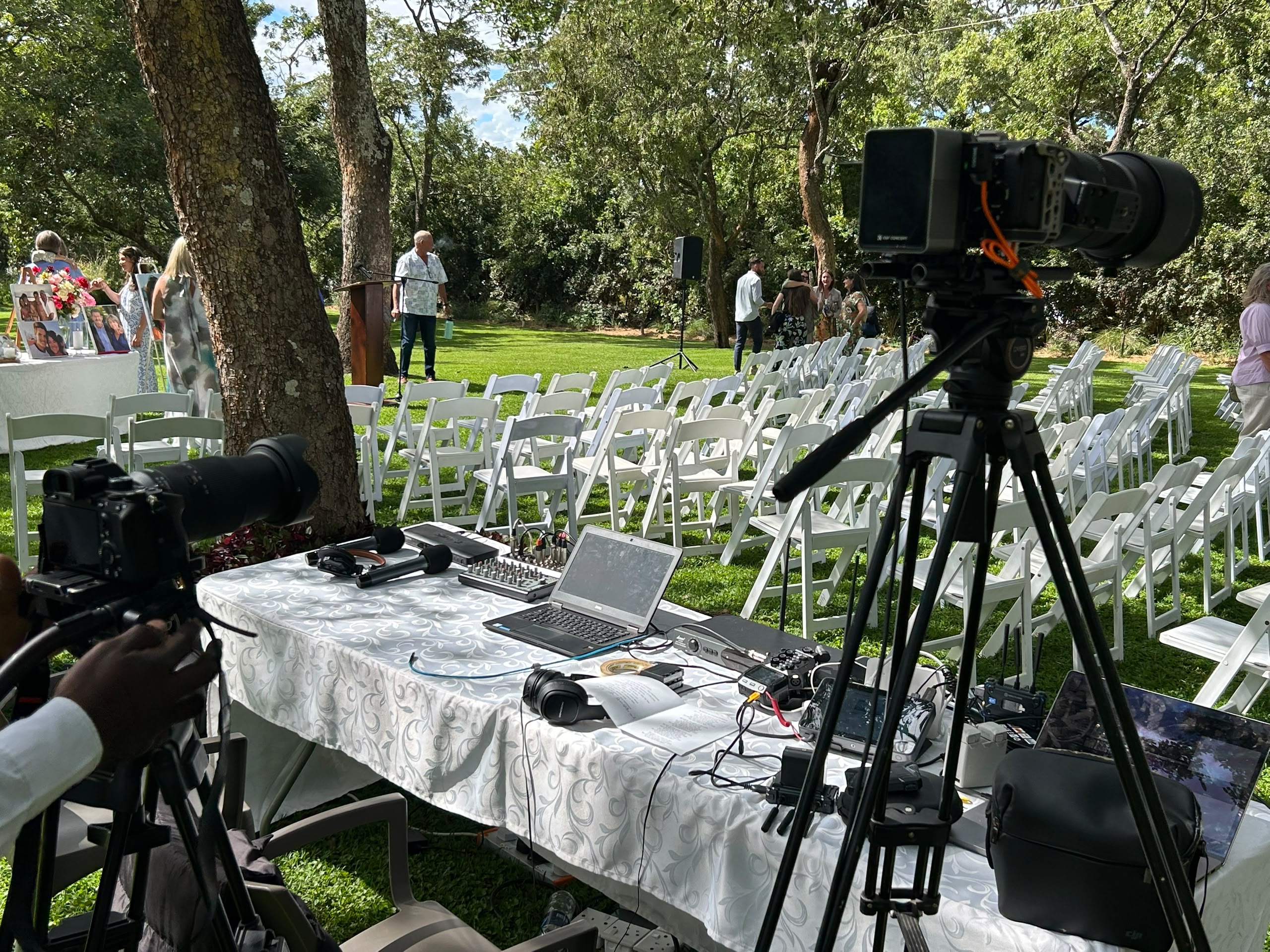 Professional outdoor event production with video cameras and monitoring equipment