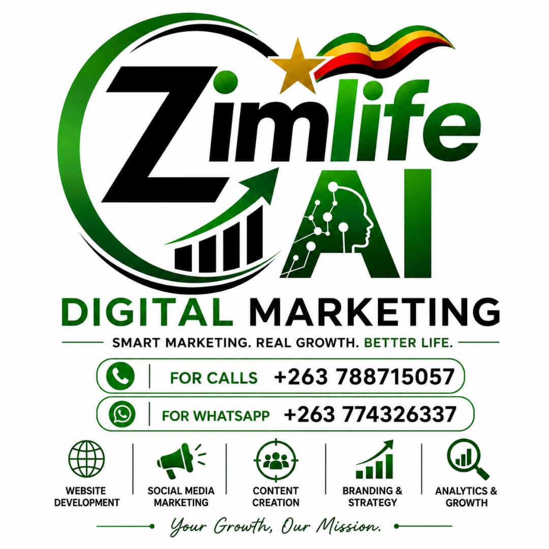 ZimLife AI Digital Marketing logo with Zimbabwean flag accent and services