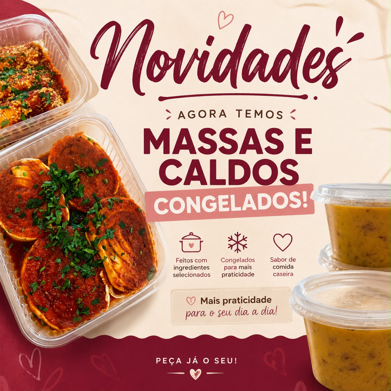 Banner anunciando massas e caldos congelados da Marmitaria Guaporé