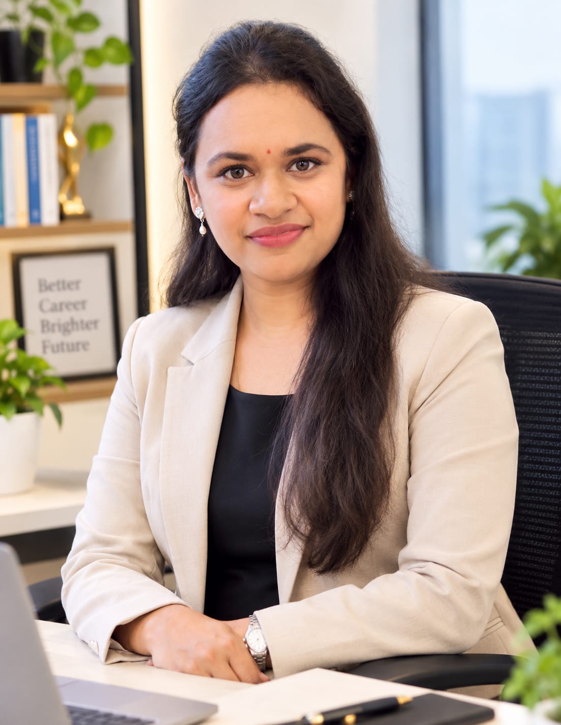 Priya Panchbhai, founder of CareerNova, seated in her office
