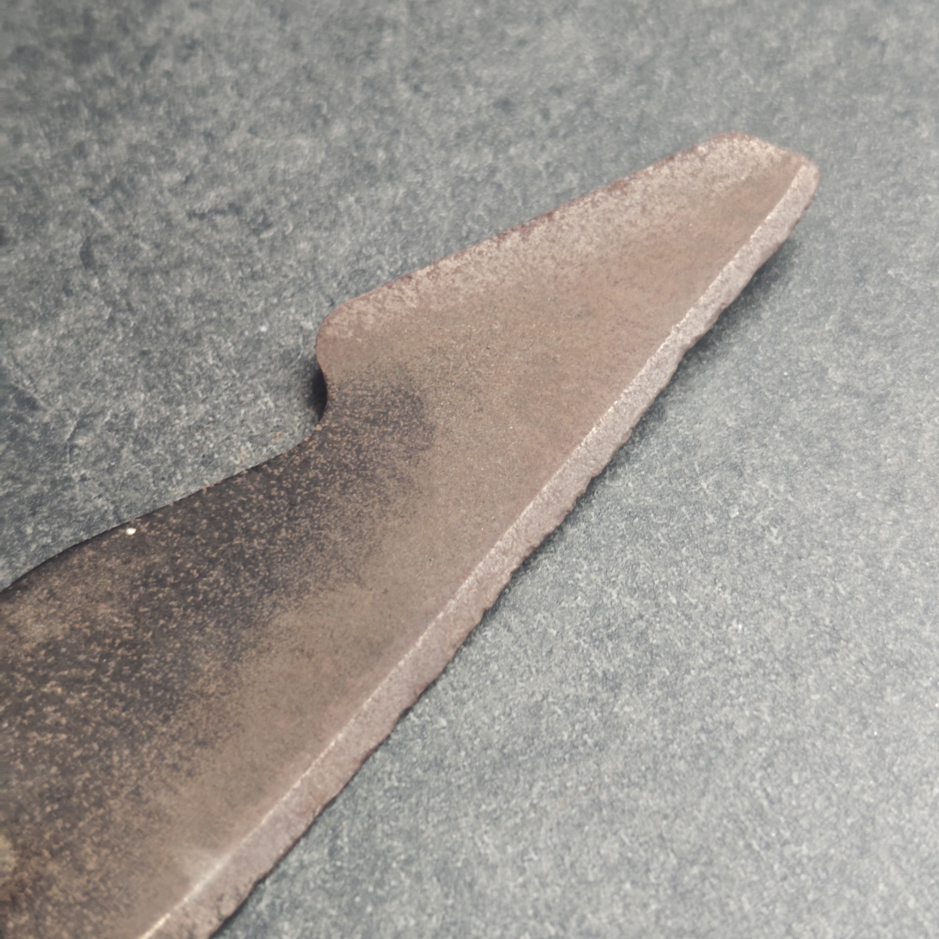 Mower blade before sharpening — chipped, dull edge