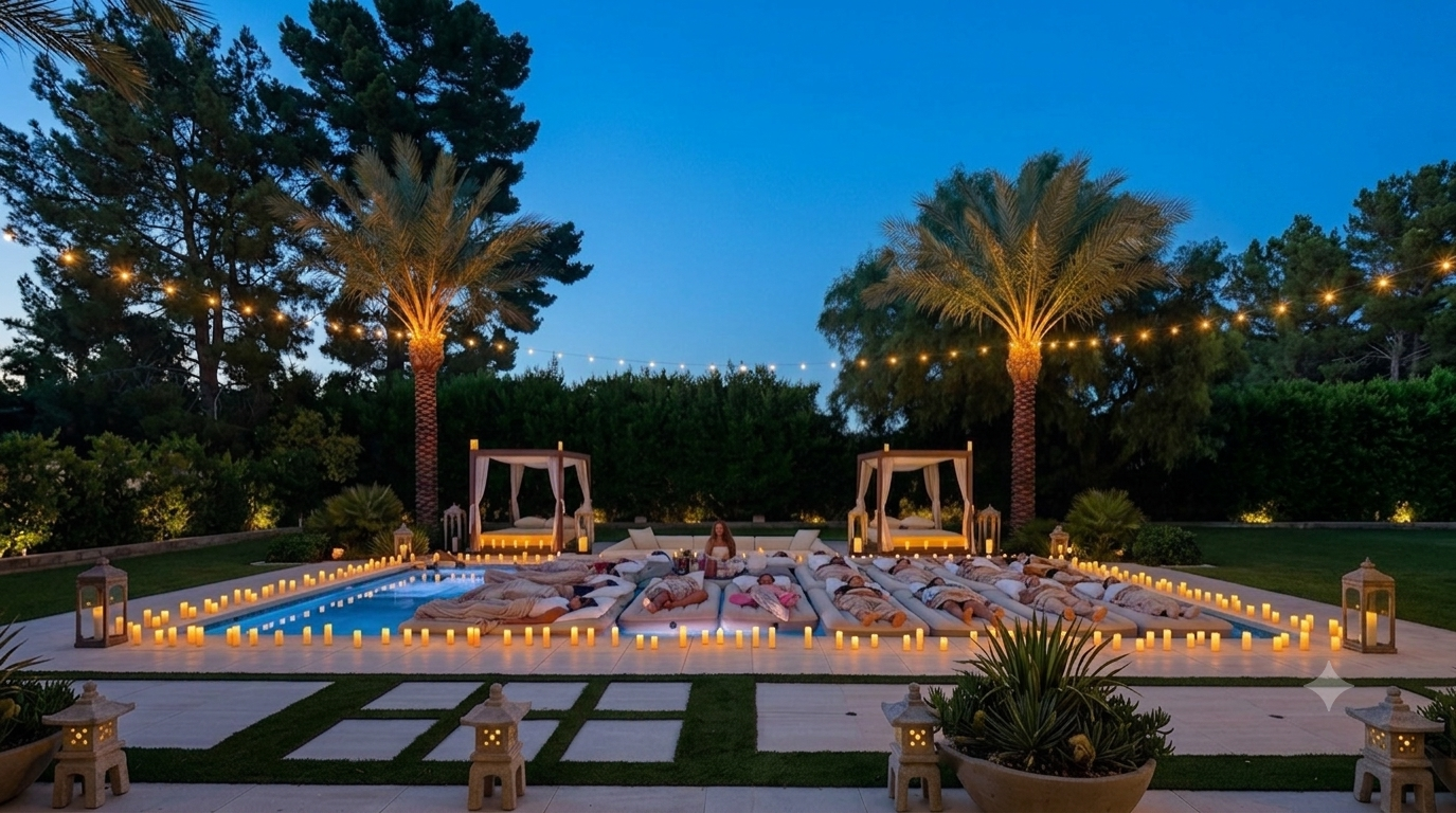 Aerial view of a floating soundbath ceremony at dusk - guests rest on floating mats surrounded by hundreds of candles, flanked by illuminated palm trees and elegant cabanas