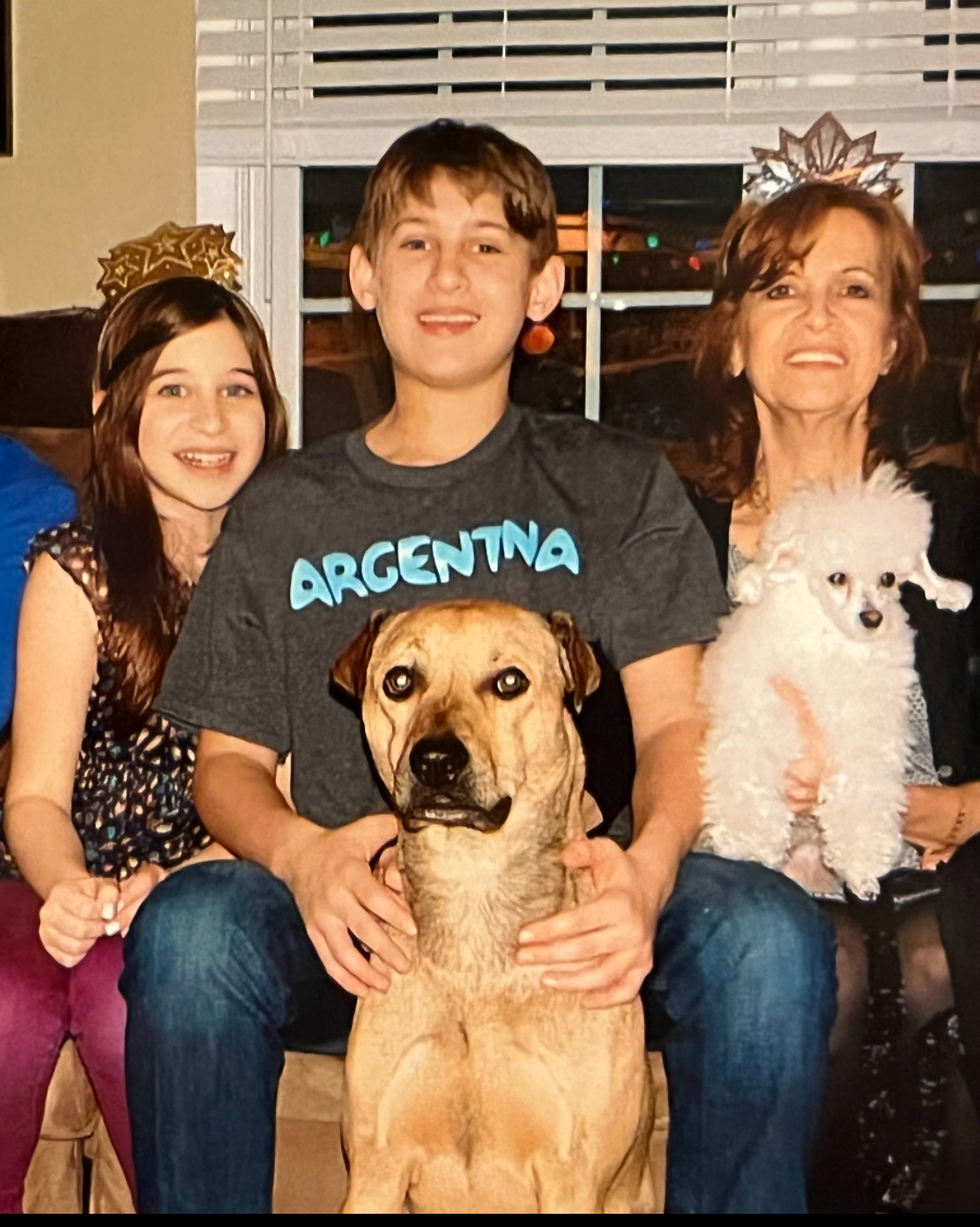 Family portrait with Alex, sister, grandmother and dogs