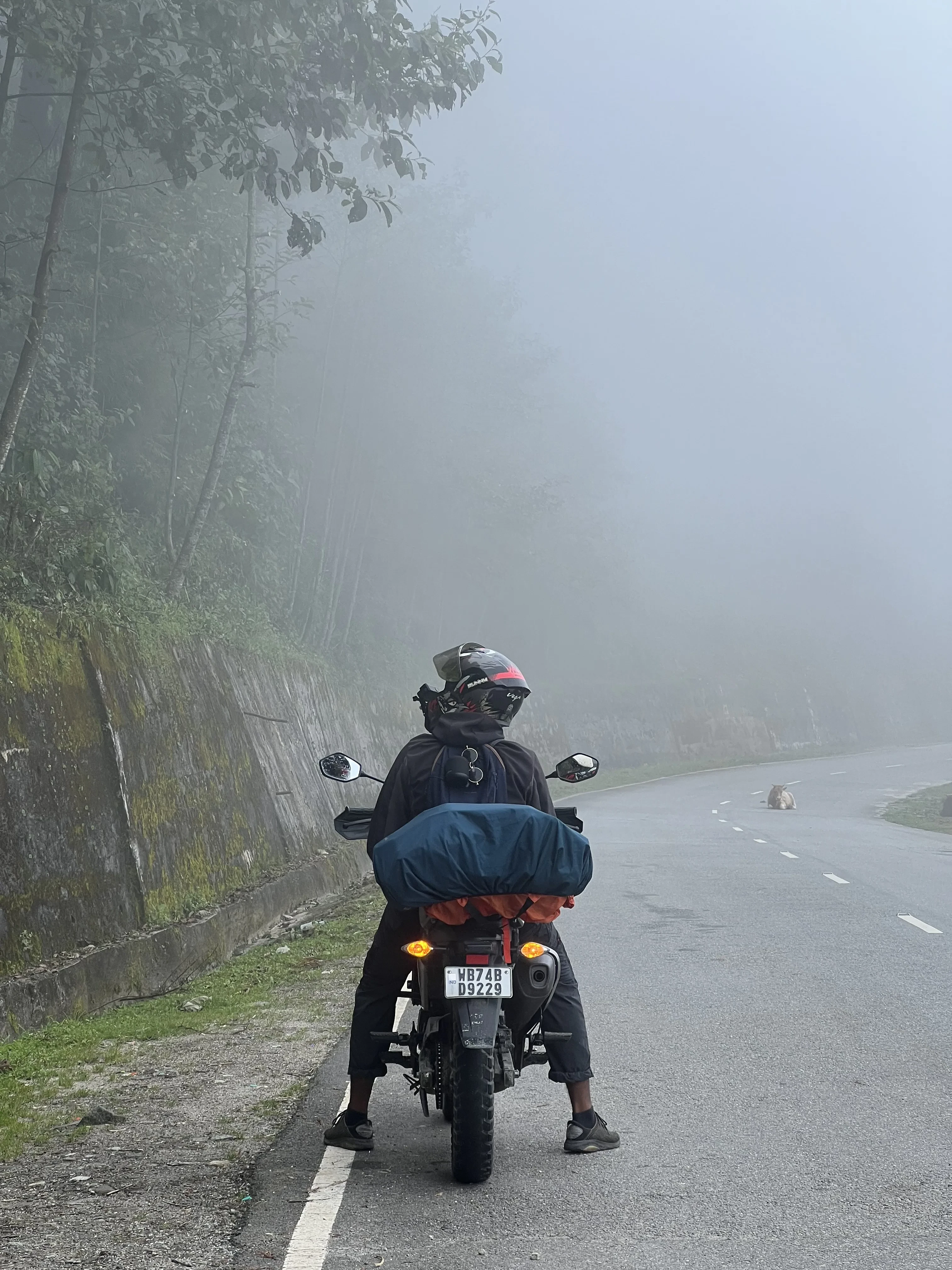 Motorcyclist navigating through dense Himalayan fog on a winding mountain road with safety gear and luggage, showcasing all-weather adventure touring capabilities in challenging visibility conditions. Affordable bike rentals in Darjeeling for mountain adventures.