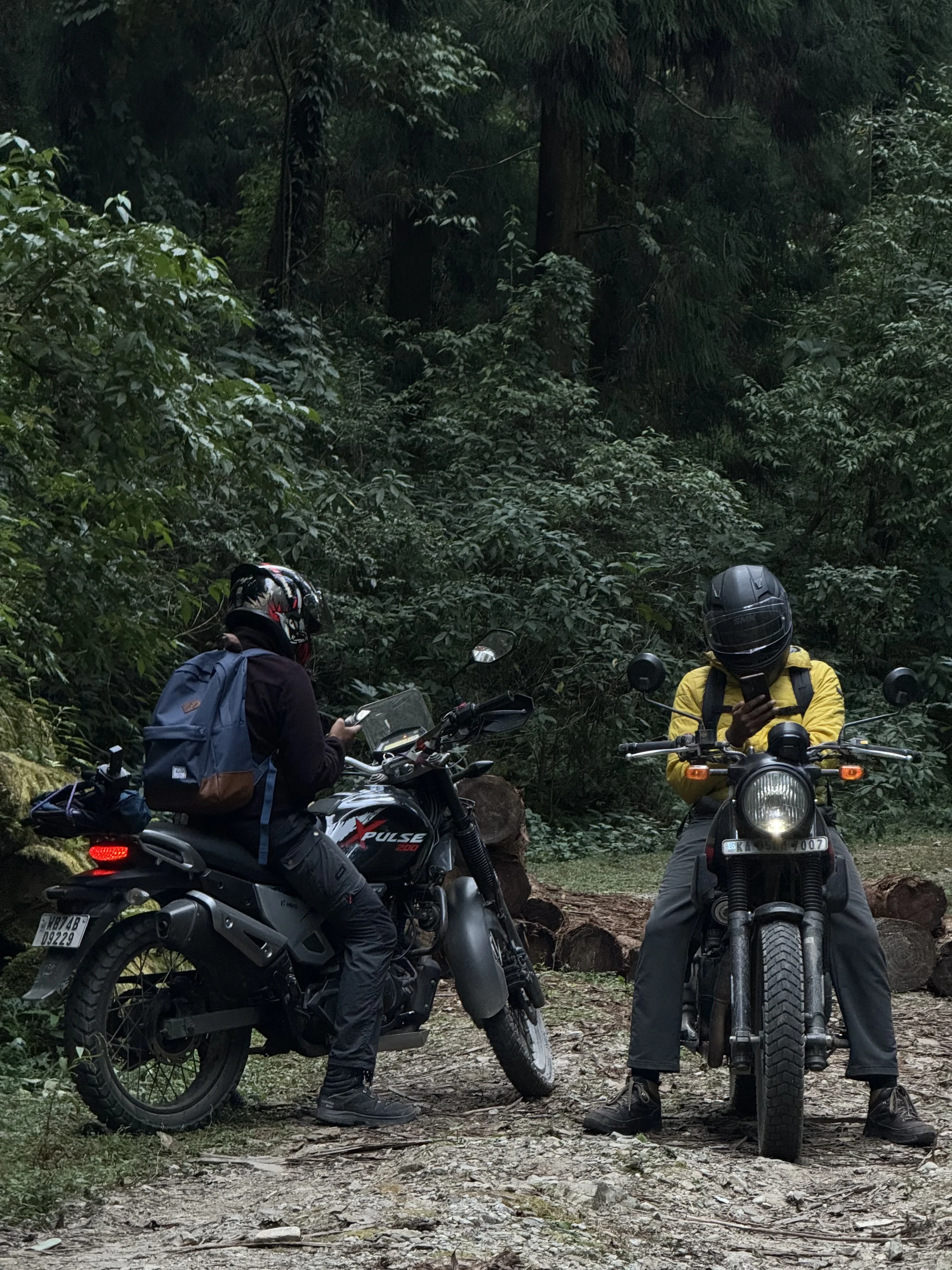 Two adventure motorcyclists taking a break with their Royal Enfield and Hero XPulse bikes in a dense Himalayan forest setting, demonstrating the camaraderie of motorcycle touring in remote wilderness areas. Premium bike rentals in Bagdogra for group adventures in North Bengal.