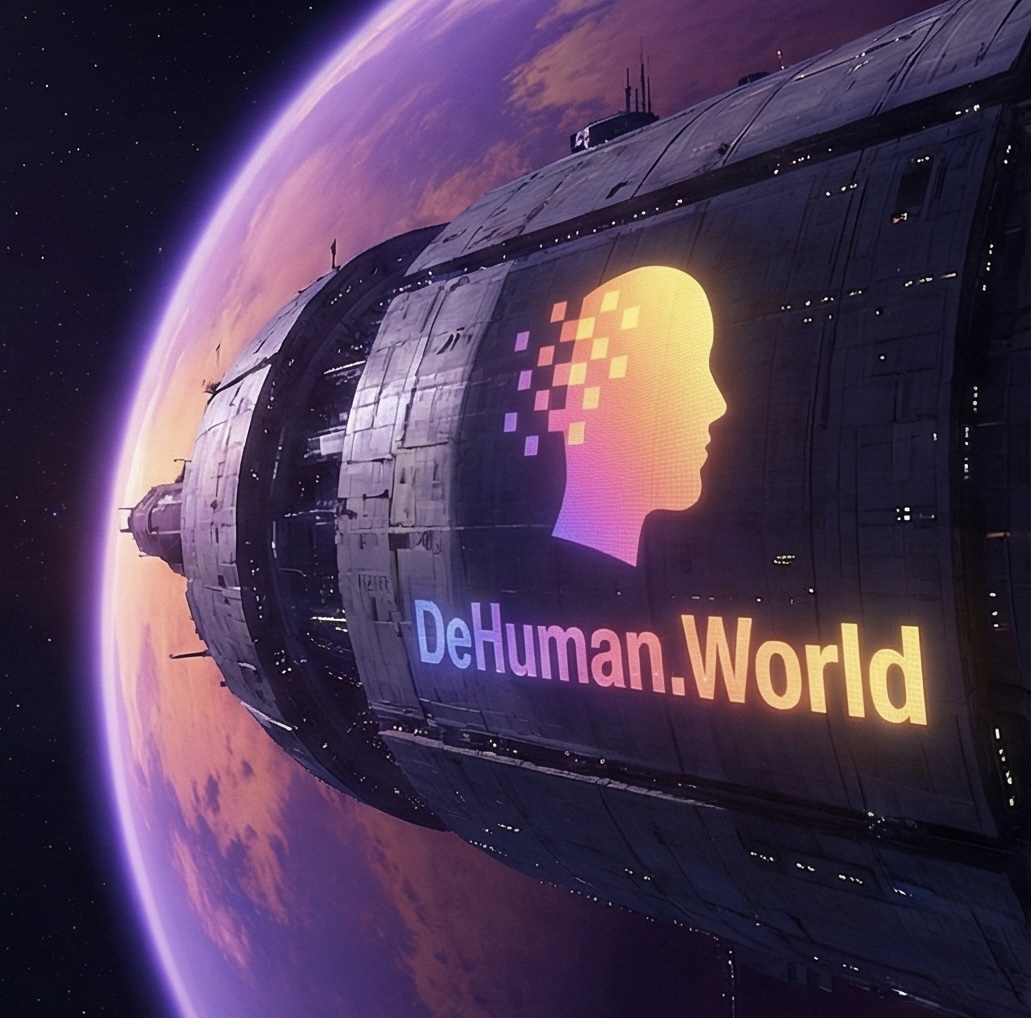 A futuristic spacecraft carrying the DeHuman.World signal