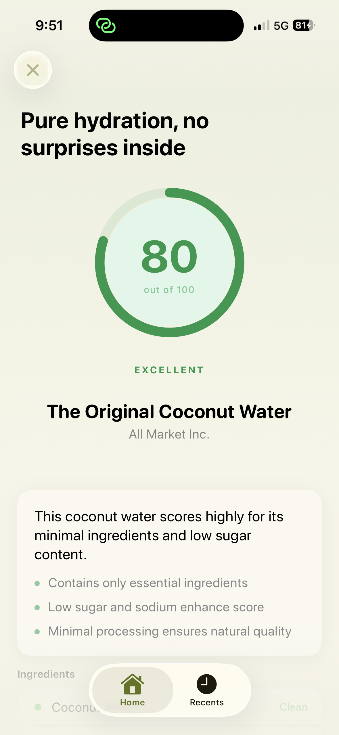 Ingredient IQ app showing The Original Coconut Water scored 80 out of 100 with an Excellent rating