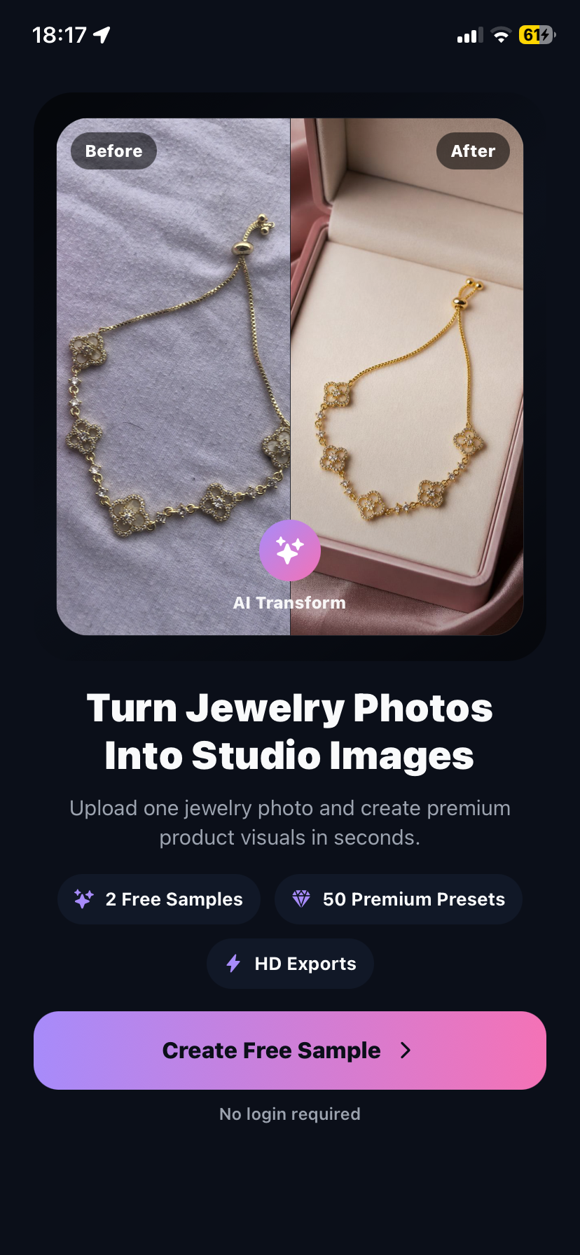 Before and after jewelry photo transformation showing a bracelet