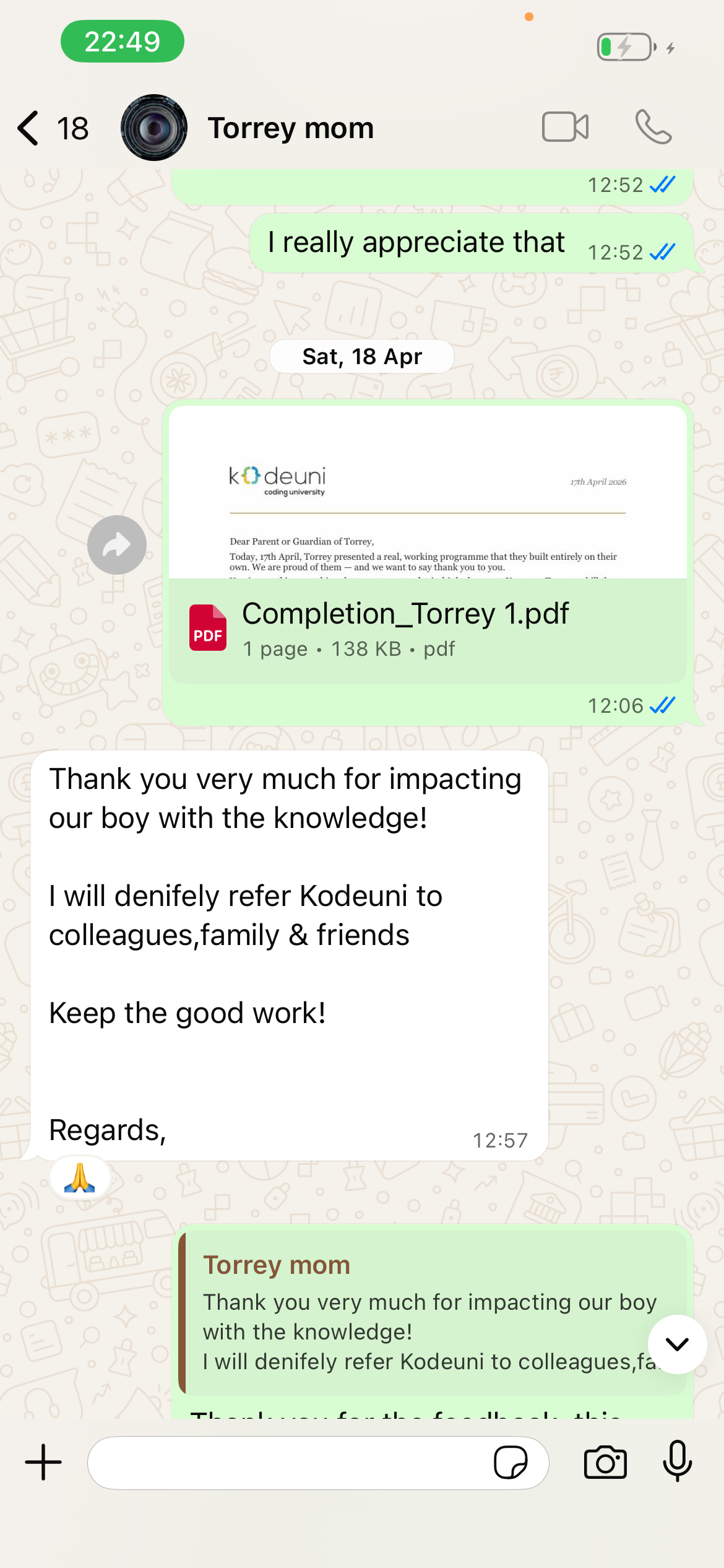 Parent testimonial - Thank you for impacting our boy with knowledge