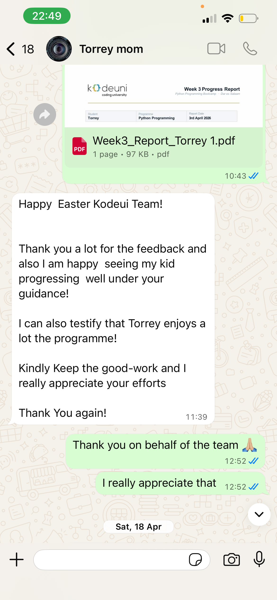 Parent testimonial - Torrey's mom thanking KodeUni for their child's progress