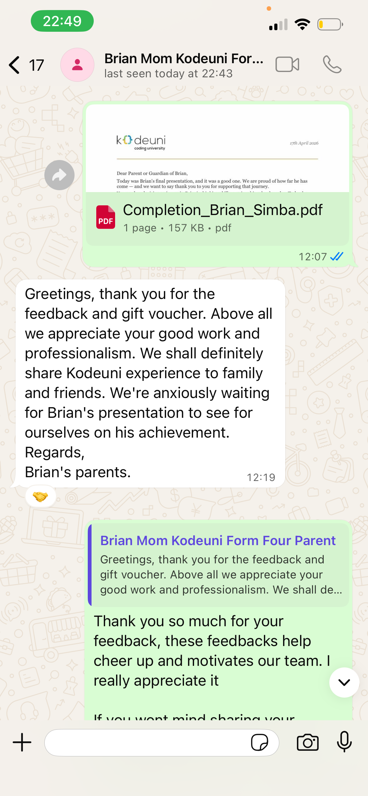 Parent testimonial - Brian's parents appreciating KodeUni's professionalism