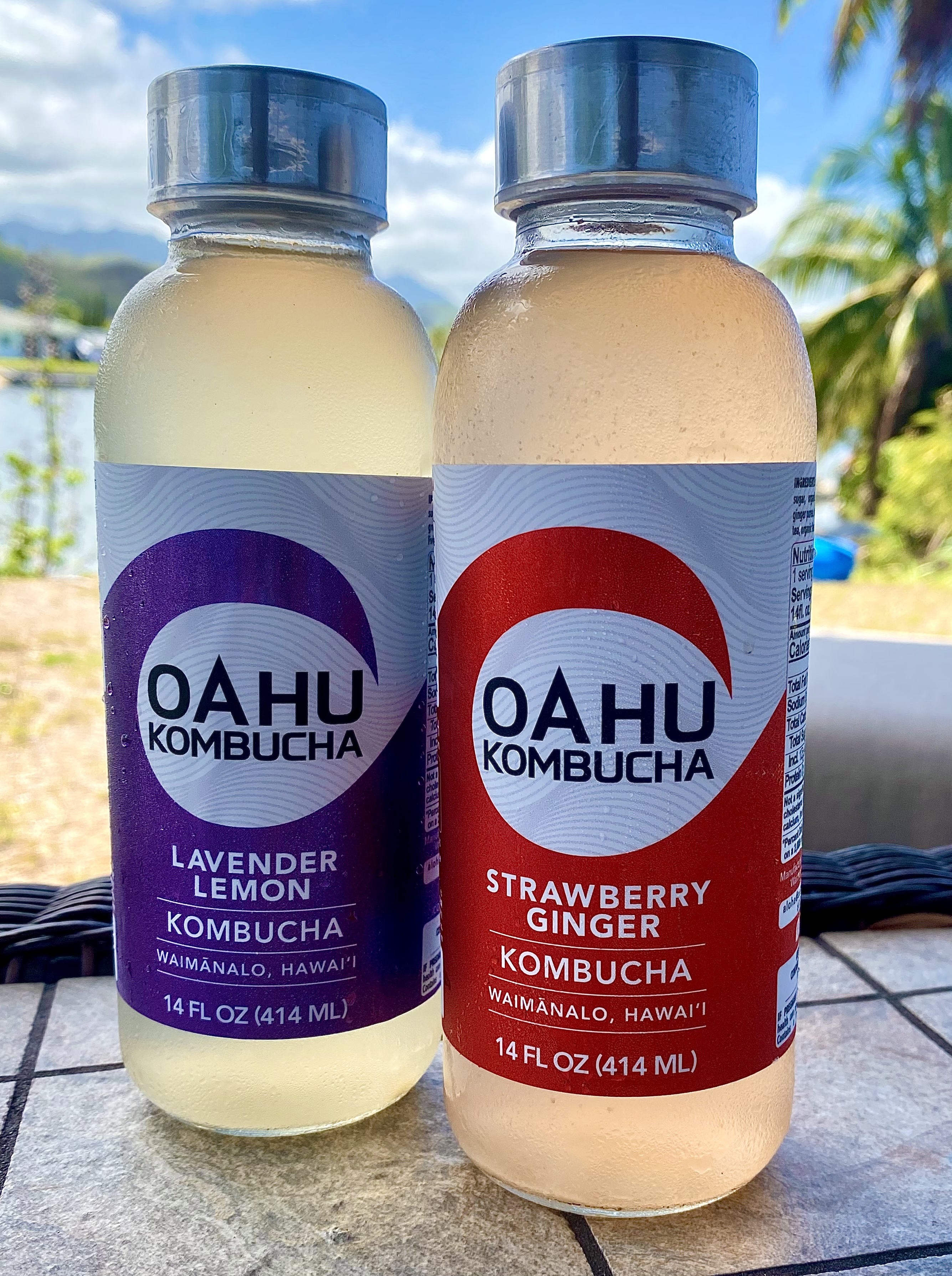 Lavender Lemon and Strawberry Ginger bottles on an outdoor ledge