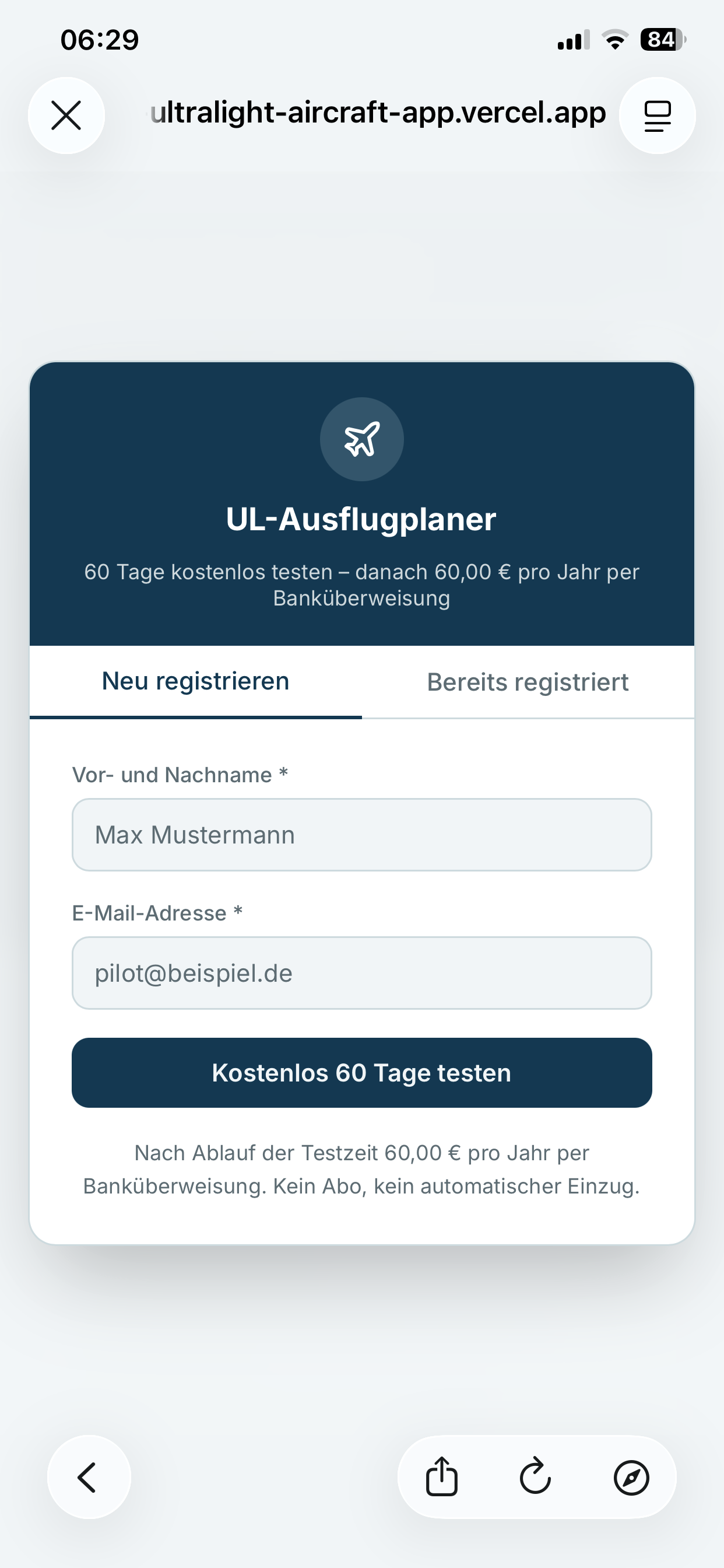 UL-Ausflugplaner App – Registrierungsmaske auf dem Smartphone