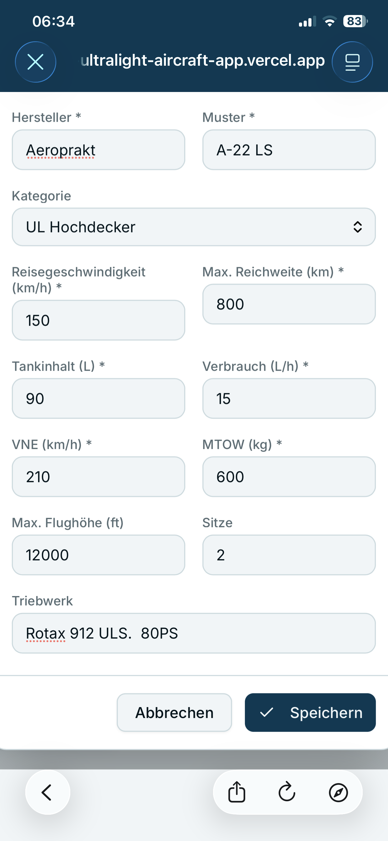 UL-Ausflugplaner App – Flugzeugdaten Eingabe auf dem Smartphone