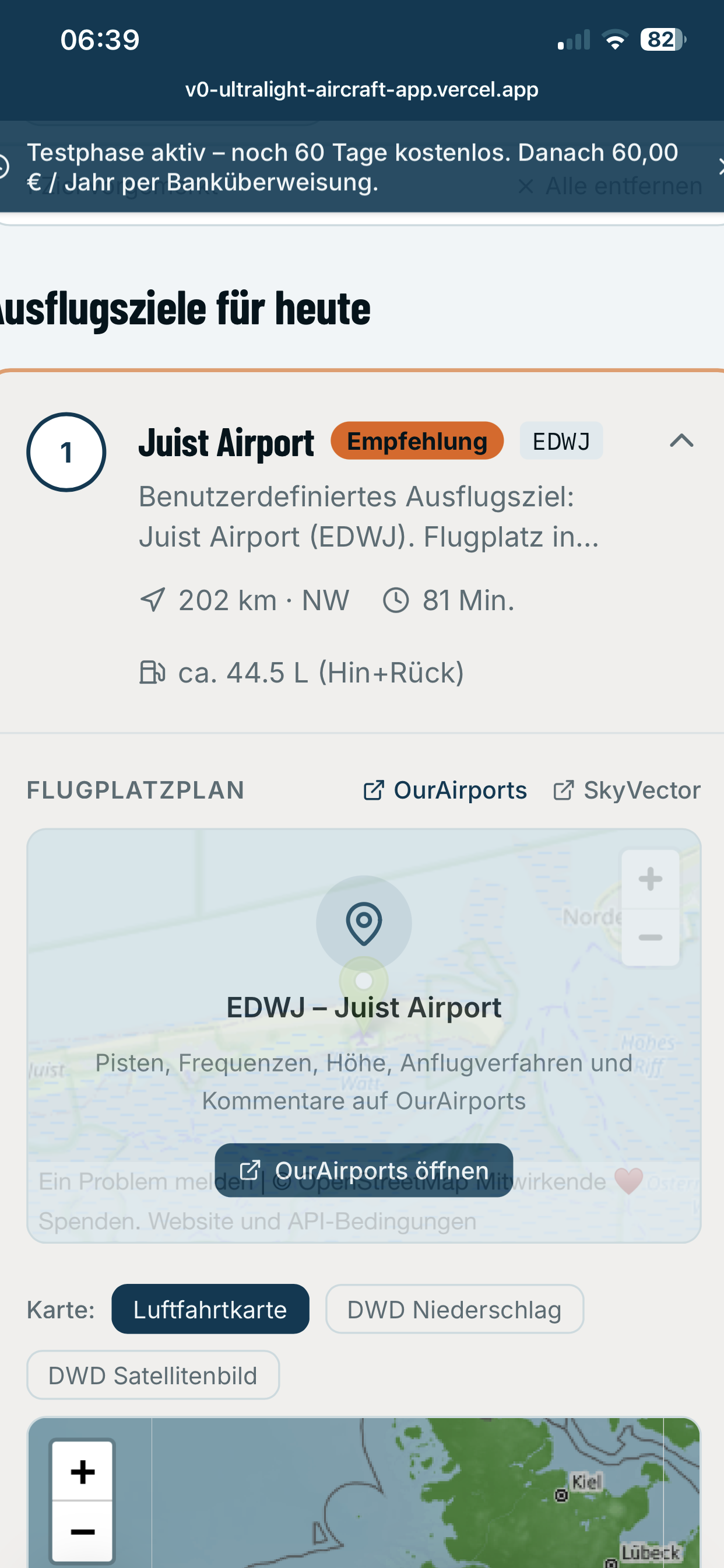 UL-Ausflugplaner App – Detailansicht Juist Airport mit Karte und Flugplatzplan
