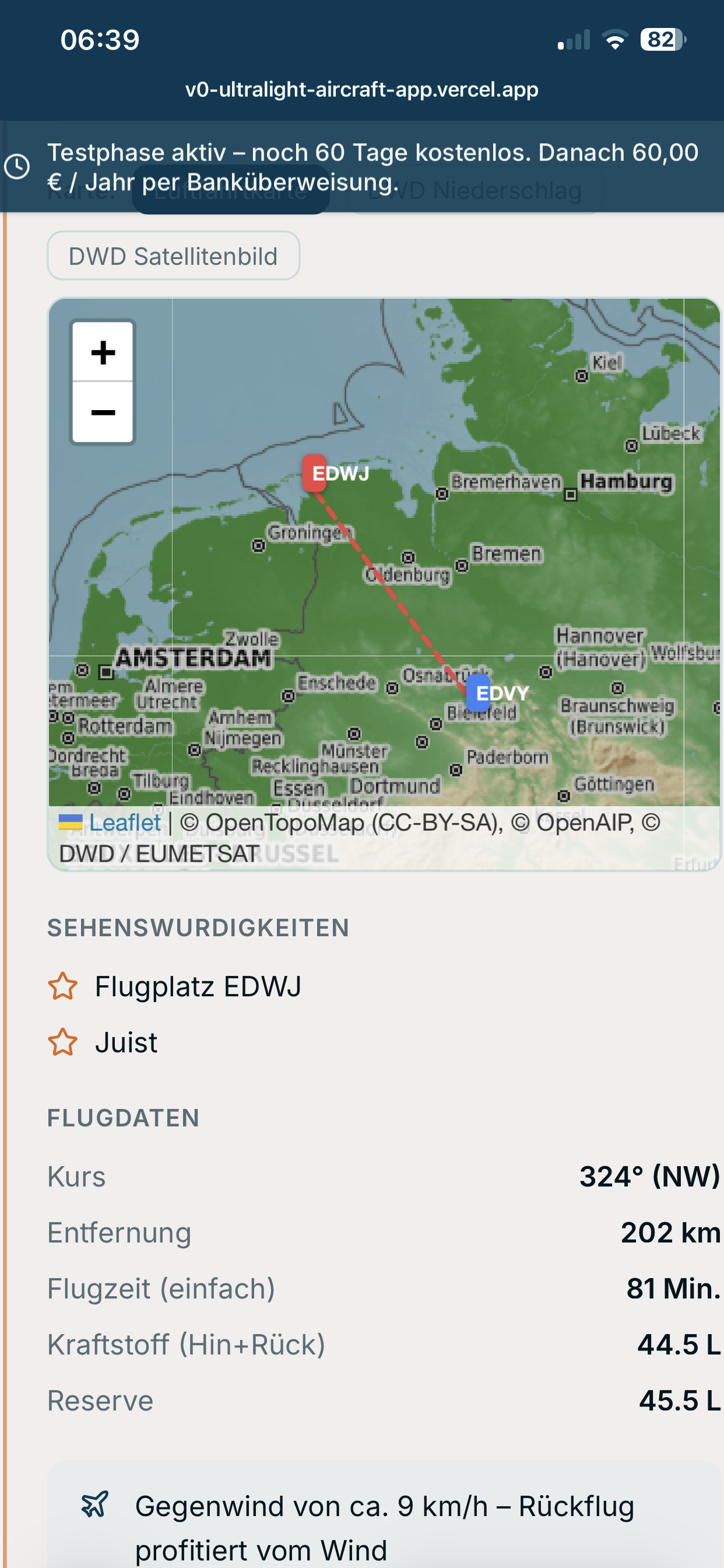 UL-Ausflugplaner App – Flugroute EDVY nach EDWJ auf der Karte mit Flugdaten