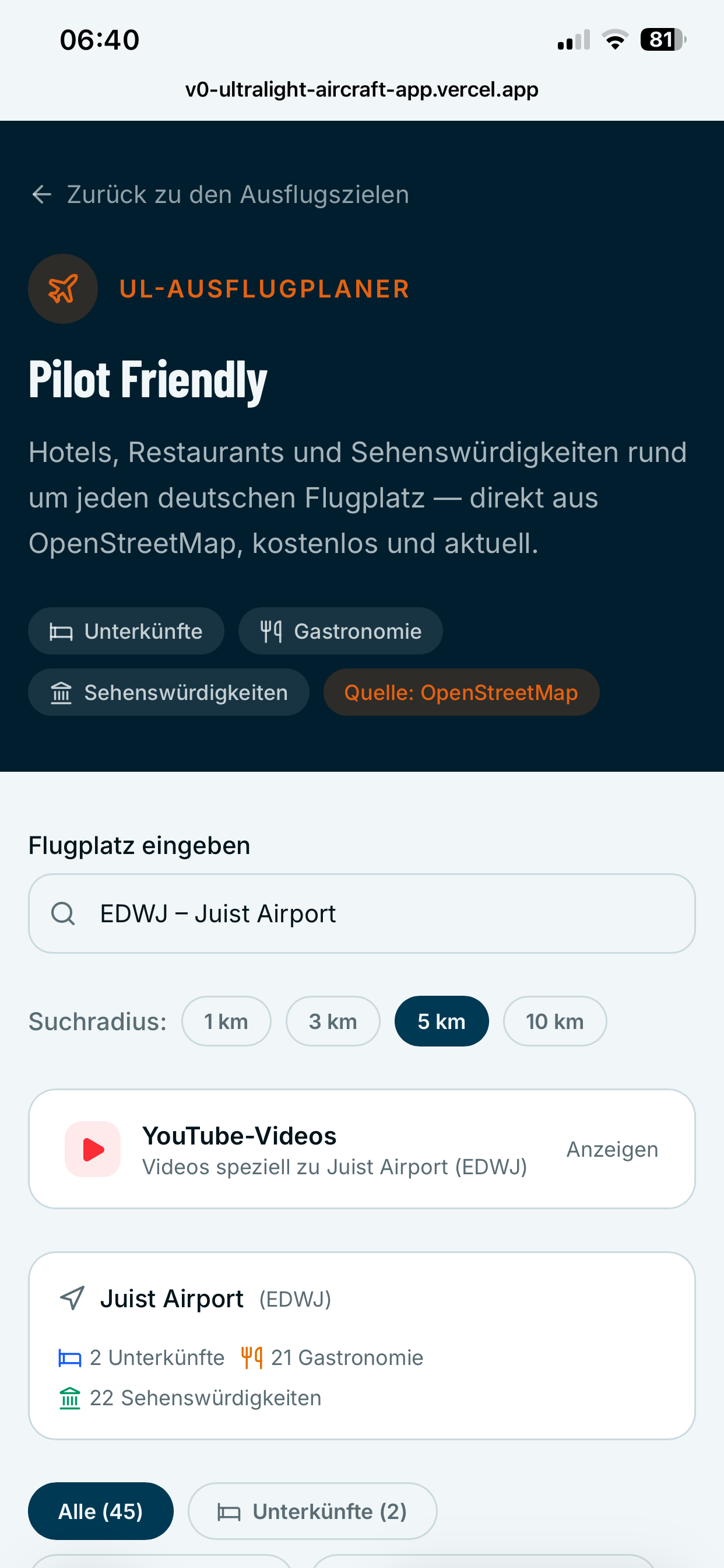 UL-Ausflugplaner – Pilot Friendly Übersicht mit Unterkünften, Gastronomie und Sehenswürdigkeiten rund um EDWJ