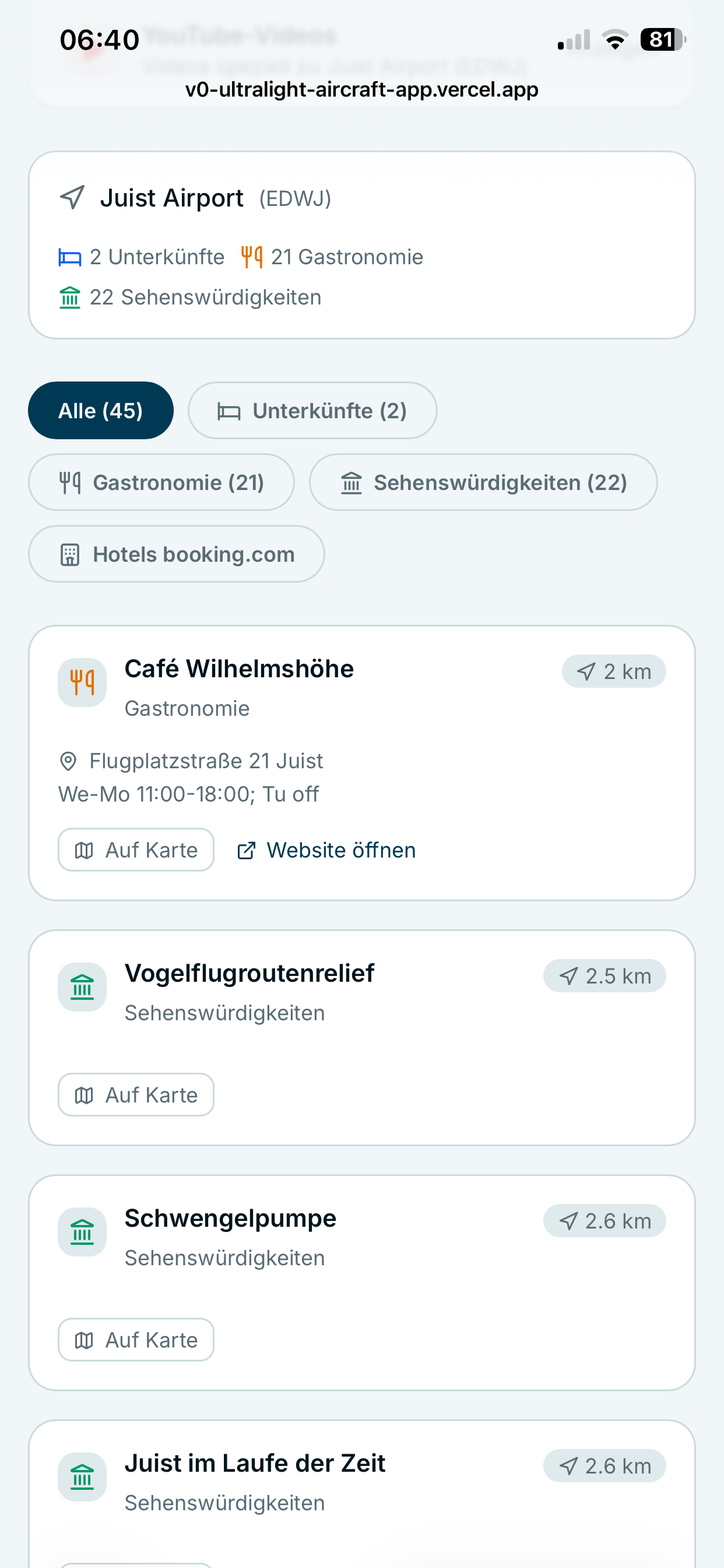 UL-Ausflugplaner – Pilot Friendly Detailliste mit Café Wilhelmshöhe, Vogelflugroutenrelief und weiteren Zielen auf Juist