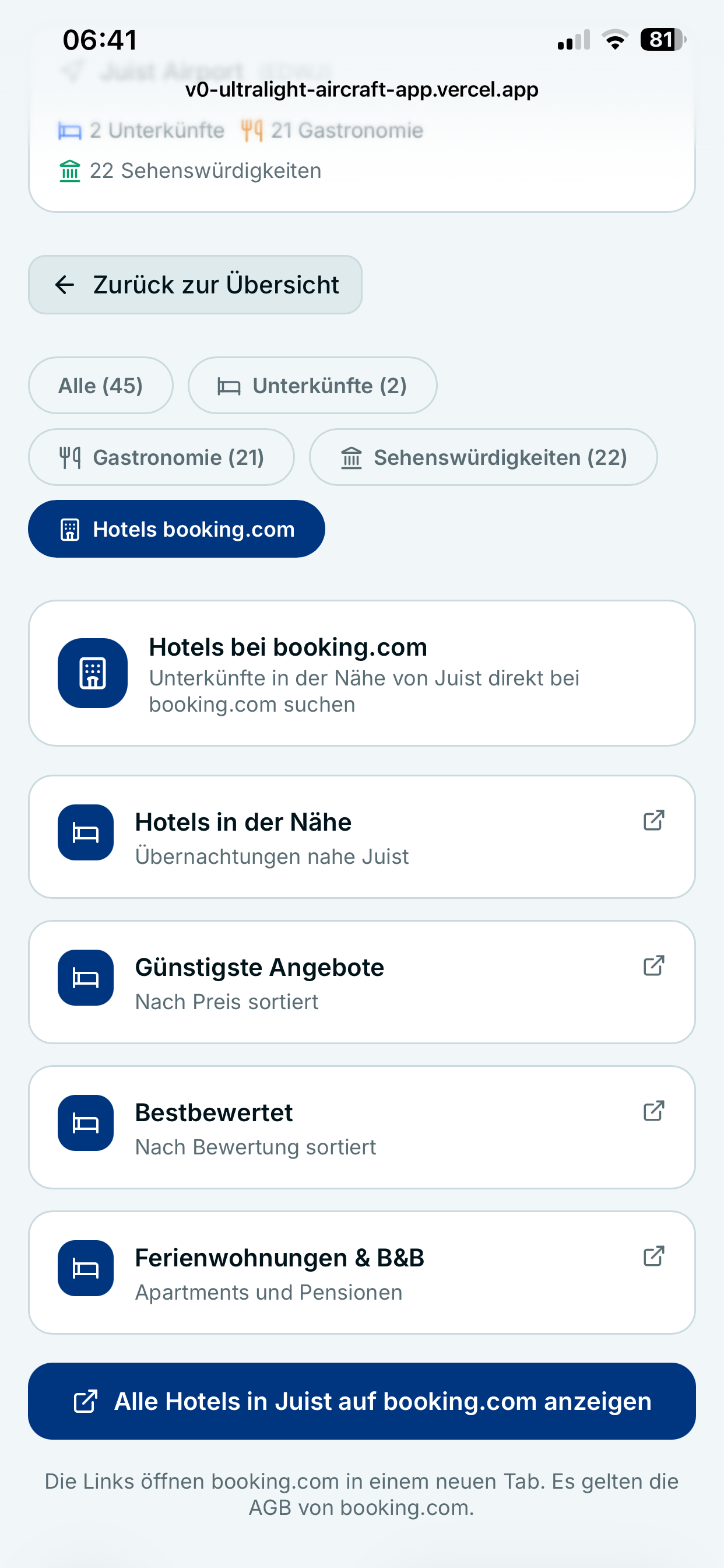 UL-Ausflugplaner – Pilot Friendly booking.com Integration mit Hotelsuche, günstigsten Angeboten und Ferienwohnungen auf Juist