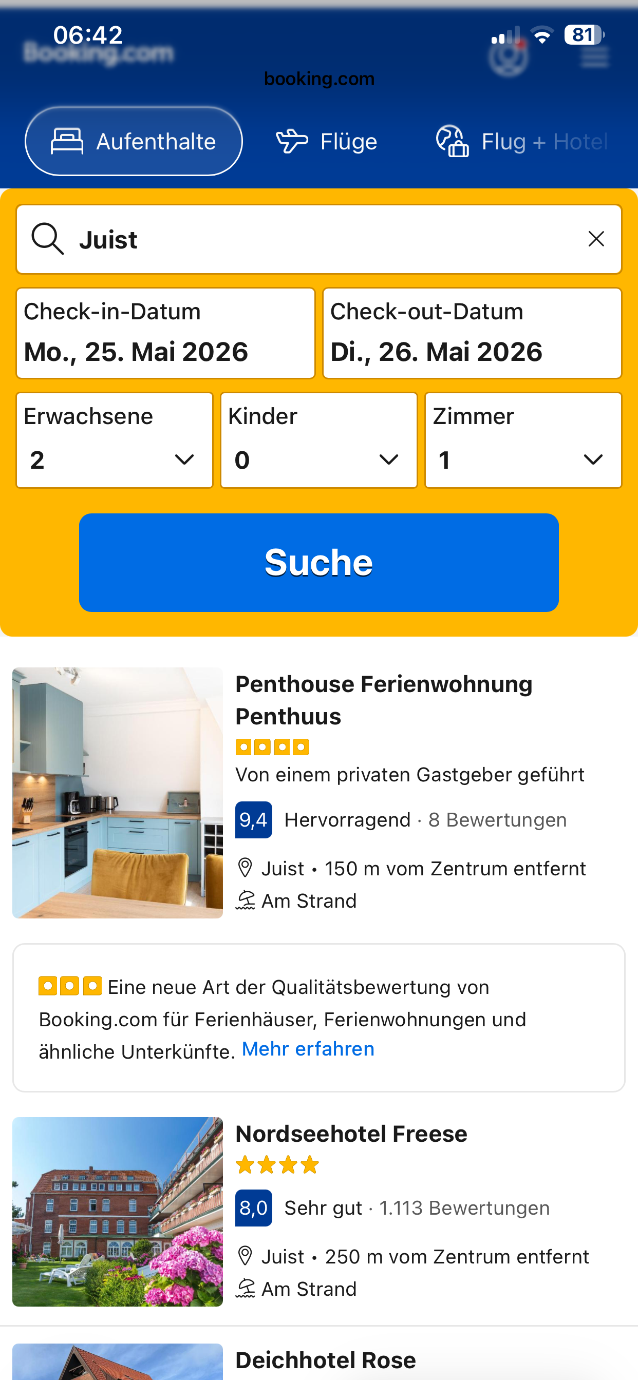 UL-Ausflugplaner – booking.com Suchergebnisse für Juist mit Nordseehotel Freese und Penthouse Ferienwohnung