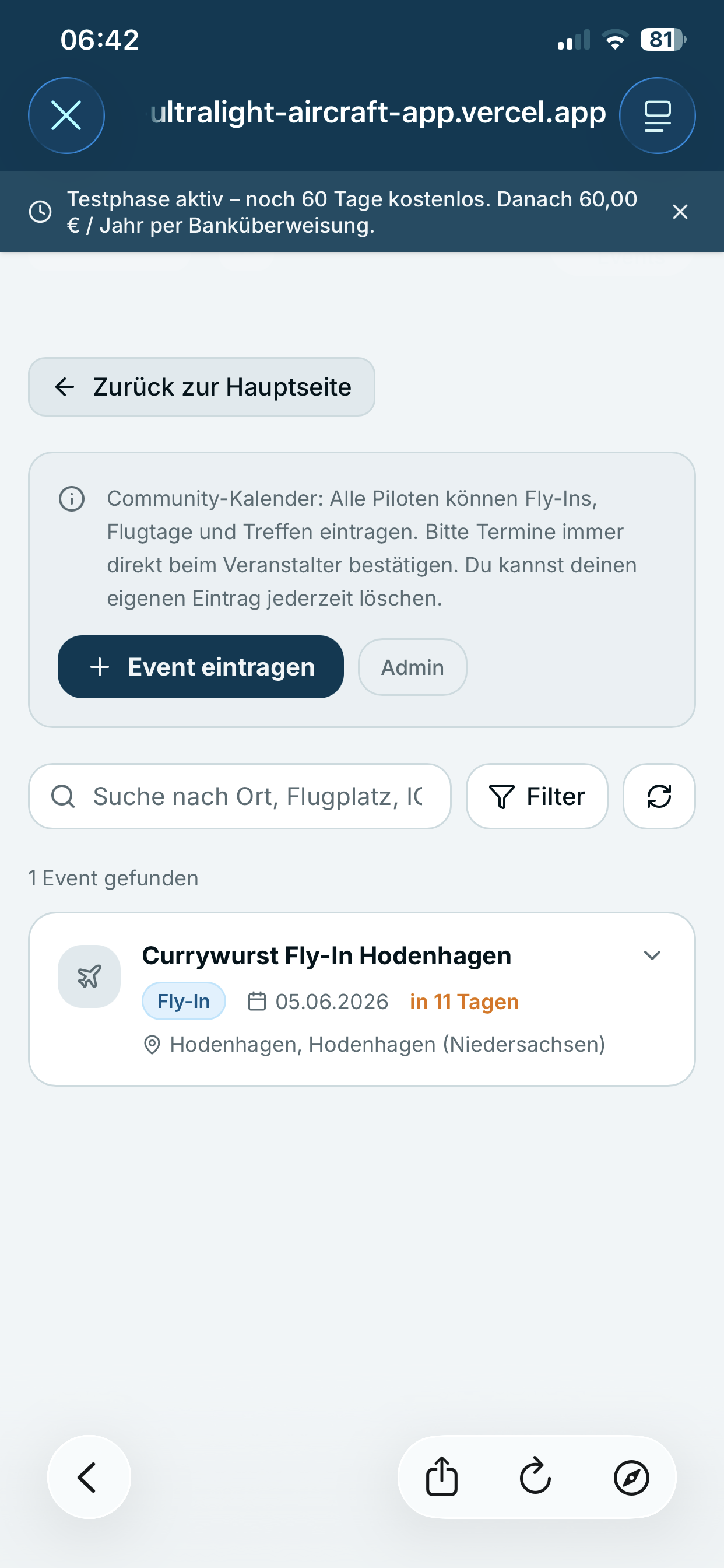 UL-Ausflugplaner – Fly-In Kalender mit Currywurst Fly-In Hodenhagen am 05.06.2026