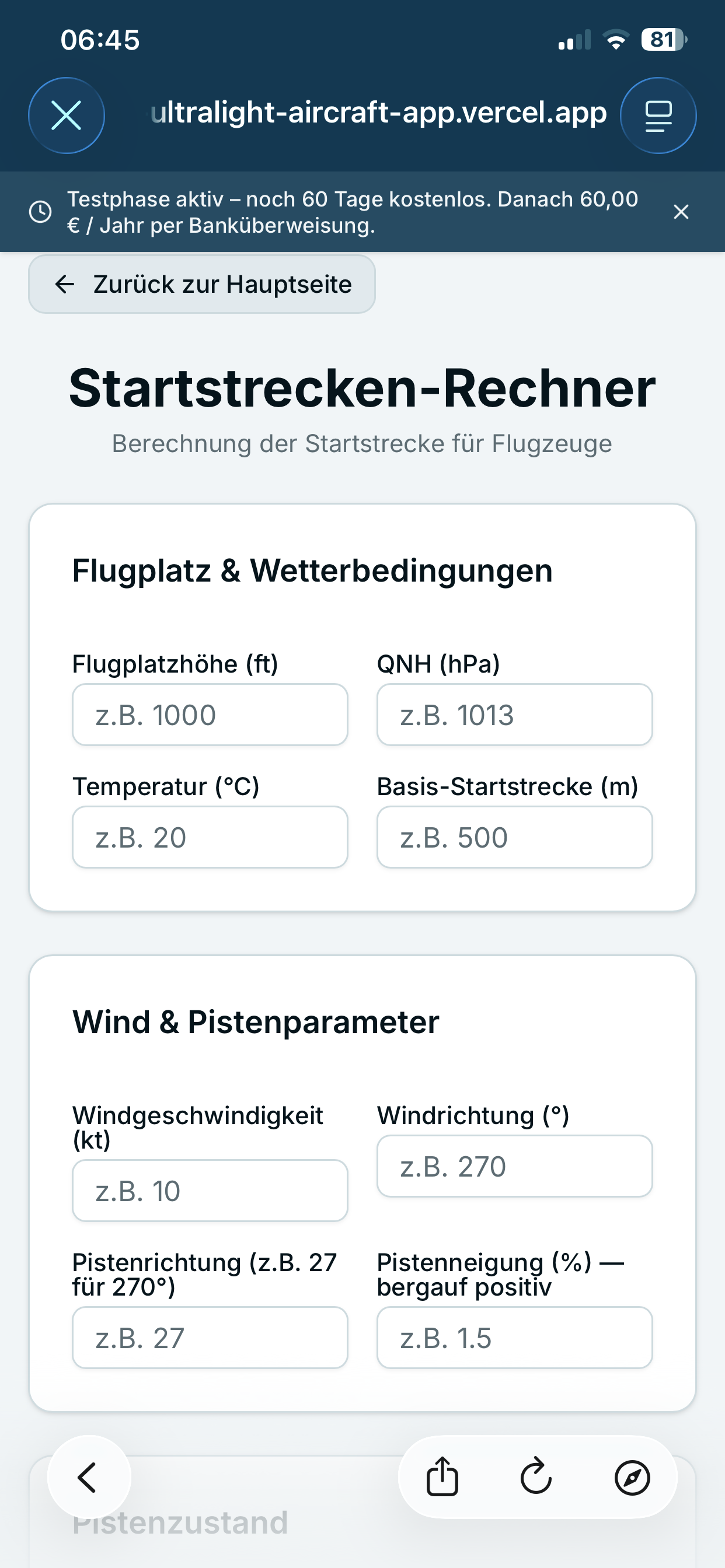 UL-Ausflugplaner – Startstrecken-Rechner mit Eingabefeldern für Flugplatzhöhe, QNH, Temperatur, Wind und Pistenparameter