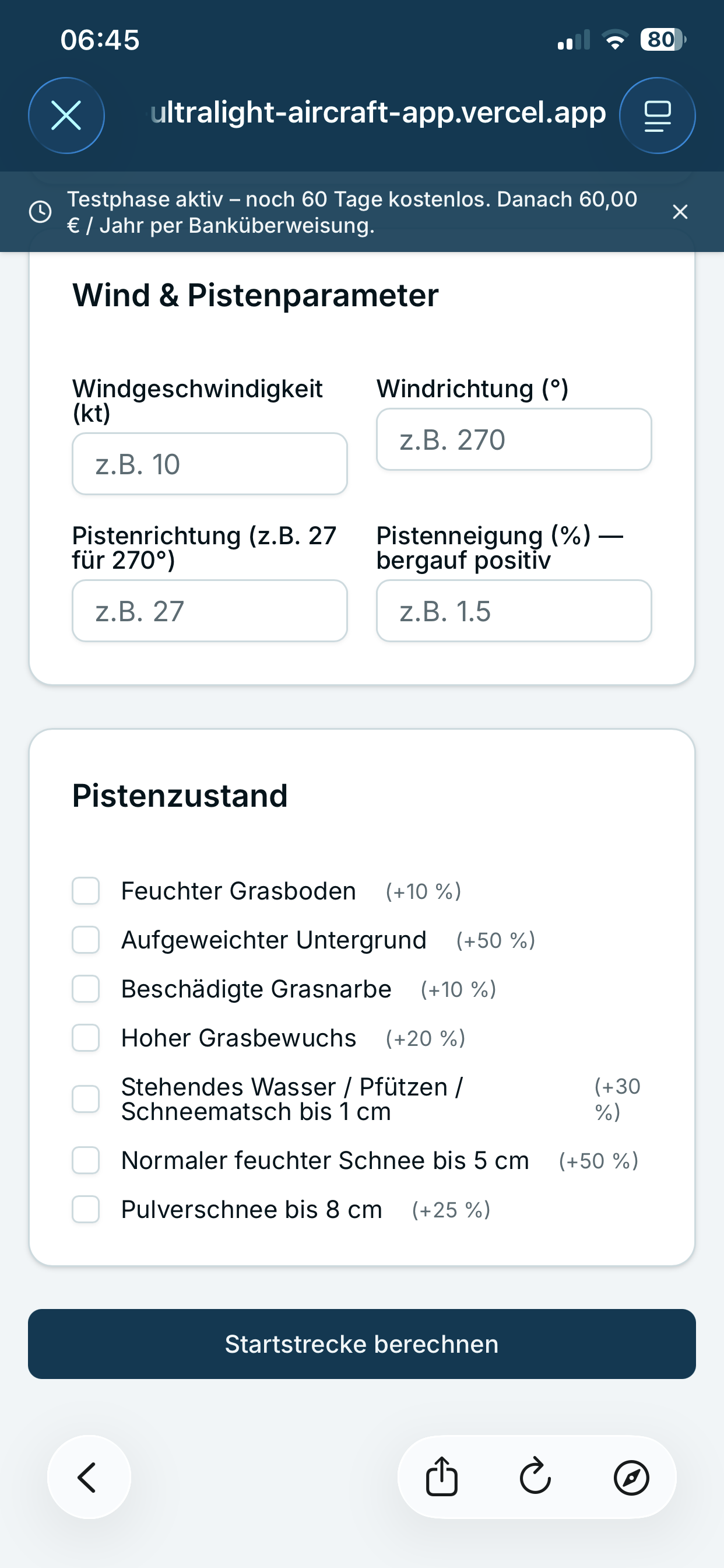 UL-Ausflugplaner – Startstrecken-Rechner Pistenzustand-Checkboxen mit prozentualen Aufschlägen und Berechnen-Button
